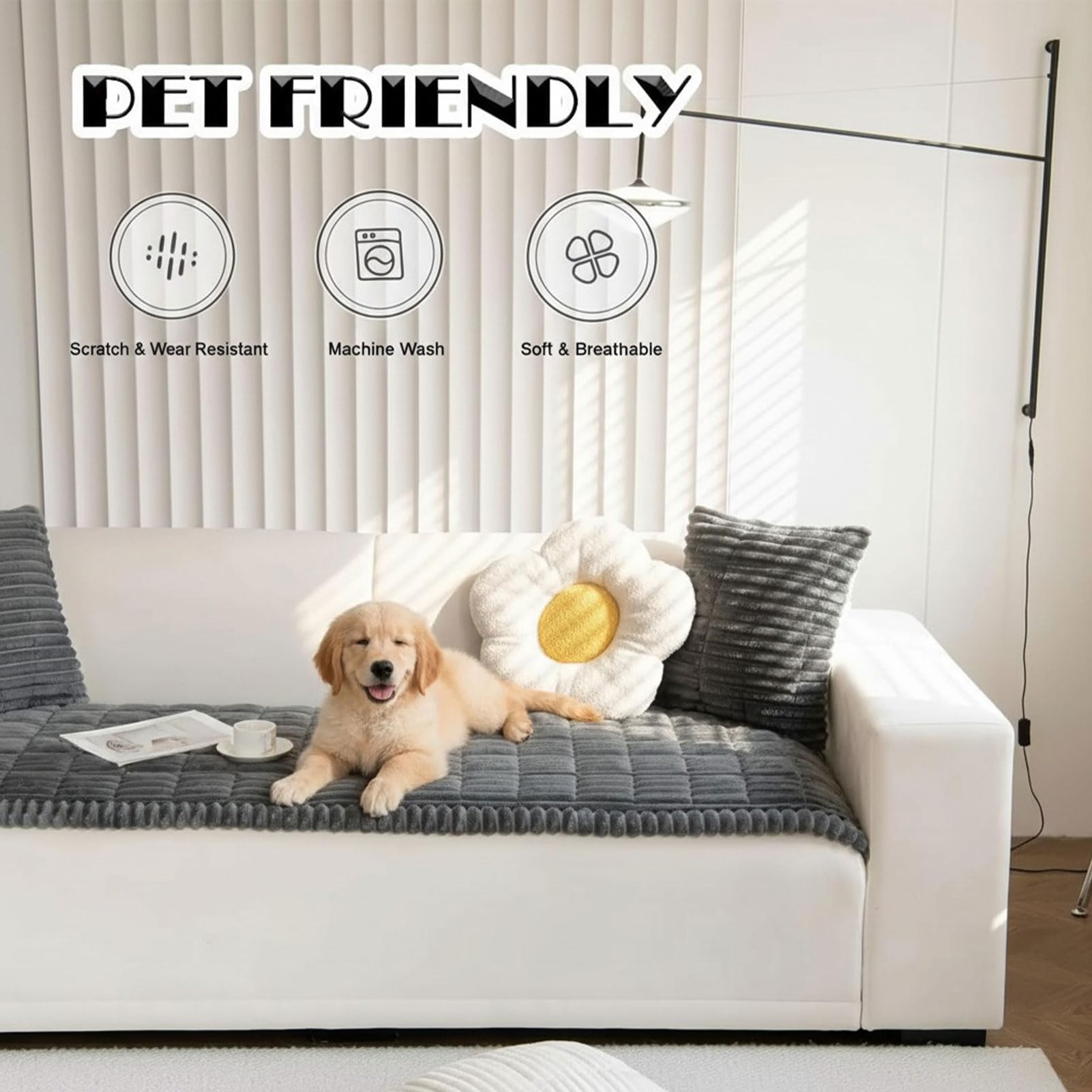 Funda de sofá impermeable antideslizante para mascotas, lavable a máquina, protector de sofá de felpa para perros y gatos, funda para muebles, color blanco, 24 x 48 pulgadas