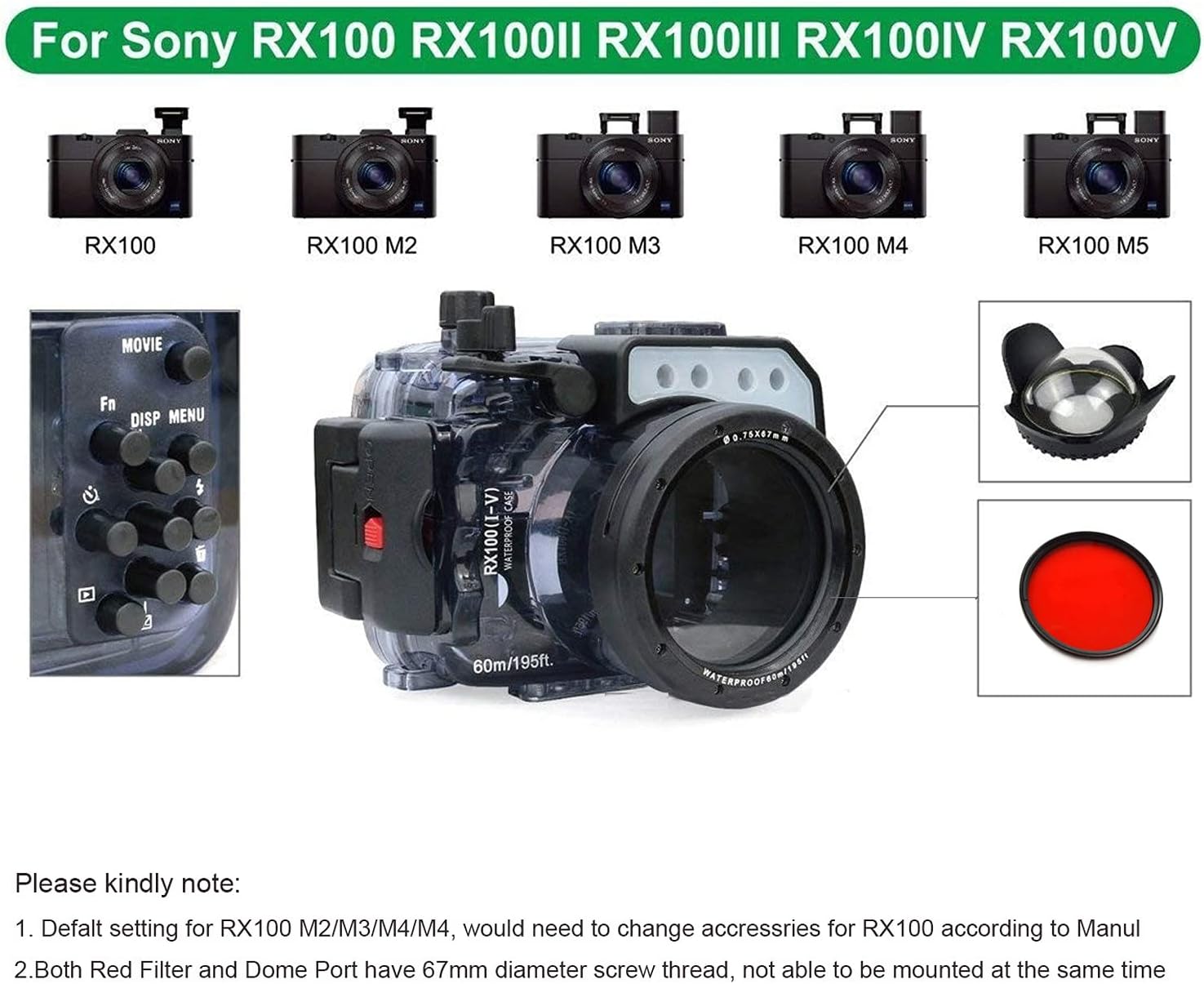 Seafrogs Underwater Housing for Sony RX100 I II III IV V+Fisheye Wide Angle Lens Dome Port Kit [60m/195ft] Waterproof case for Sony RX100 M2 M3 M4 M5