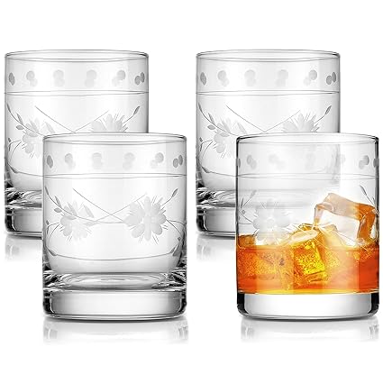 Royalrose Vintage Etched Double Old-Fashioned Glasses, 10-ounce, Set of 4, Whiskey Glasses, Dishwasher Safe