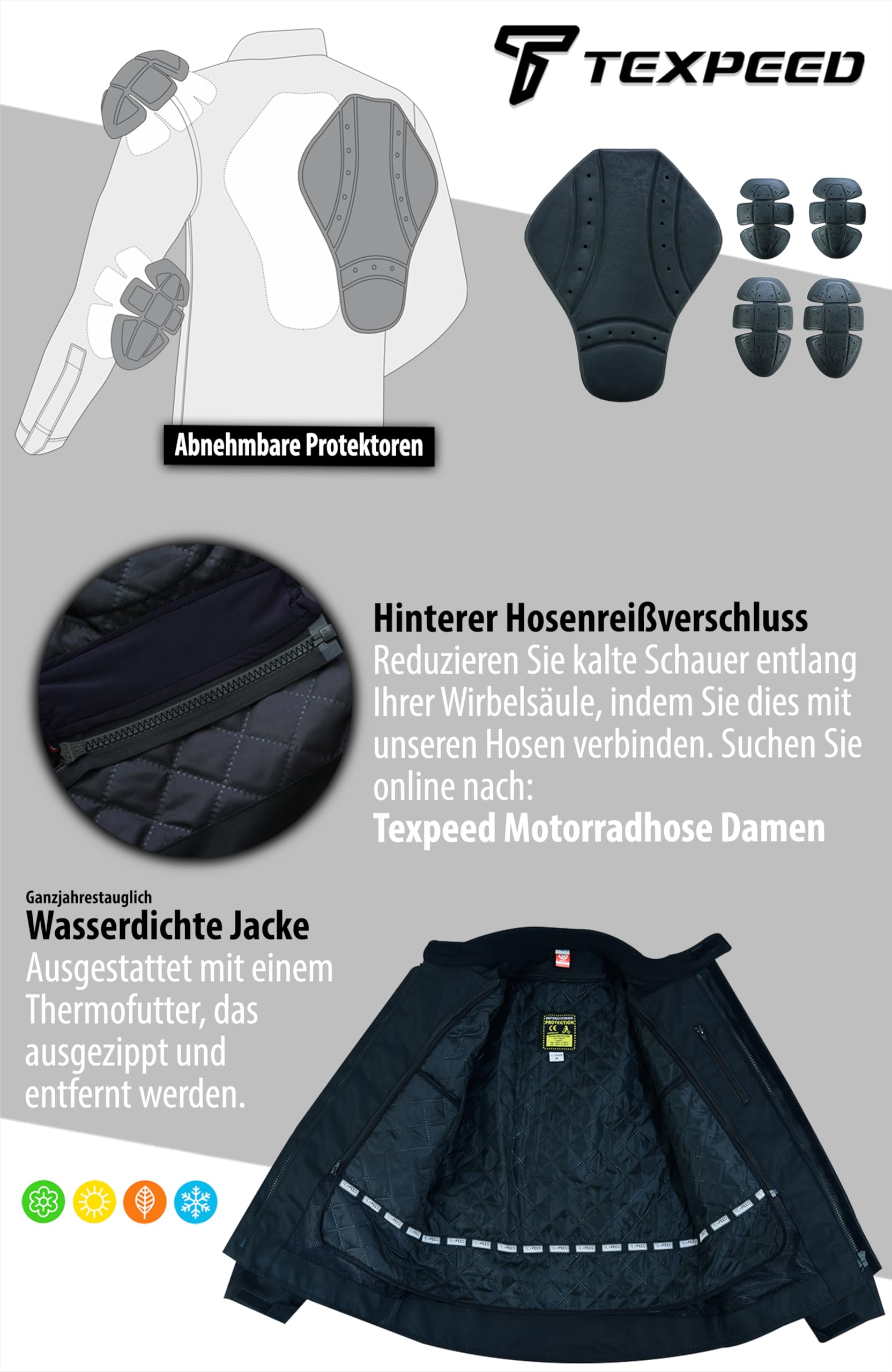 Damen motorradjacke mit protektoren für Sommer oder Winter - Textil wasserdicht motorroller motorrad bikerin mantel mit CE schutz rüstung (EN 1621-1) - Schwarz - M