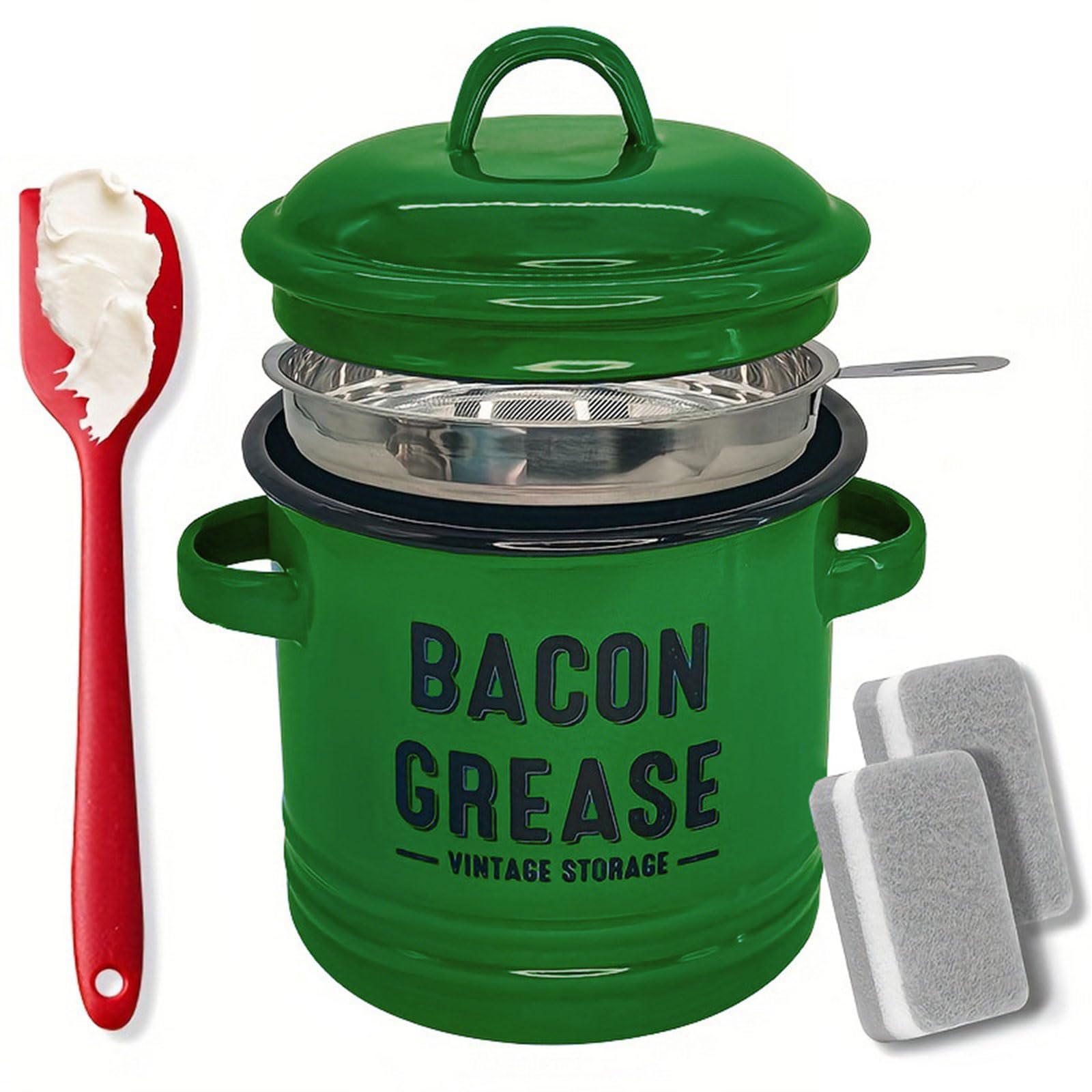 Shurhome Multipurpose Enameled Grease Keeper with Strainer and Silicone Spatula for Preserving Bacons Drippings Fat and Kitchen Use Bacons Fat Keeper