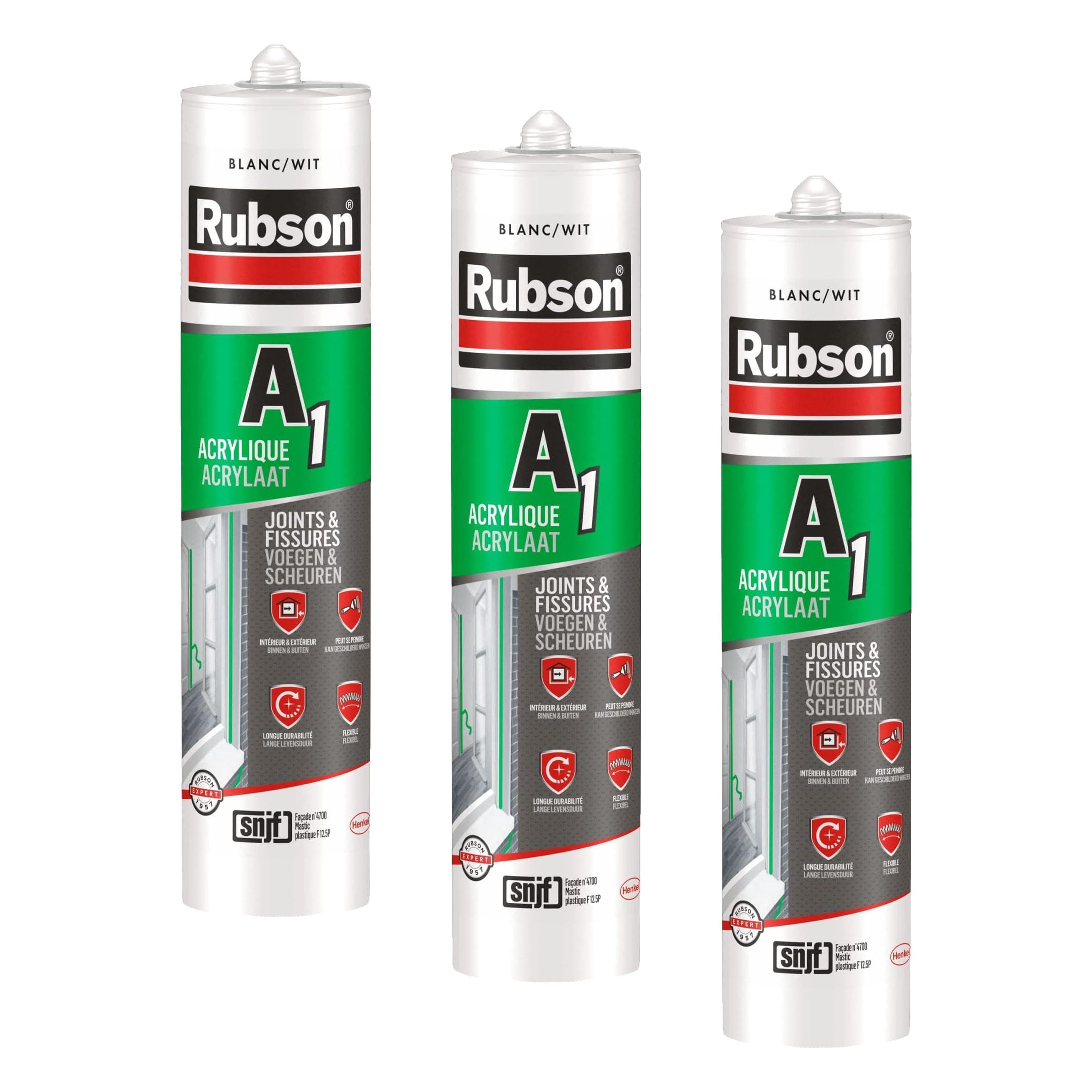 Mastic acrylique blanc Rubson A1 multi-supports lot de 3 cartouches 300ml pour joints
