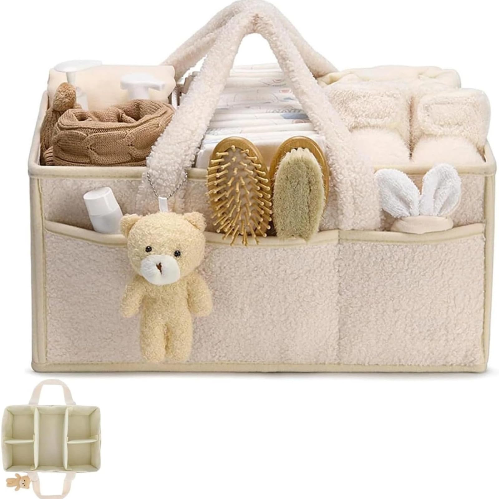 Wickeltasche Organizer, Wickeltisch Organizer, Tragbarer Wickelkorb mit Herausnehmbaren Fächern, Plüsch Wickelorganizer mit Griffen, Baby Aufbewahrungskorb für Wickel und Babysachen,diaper bag