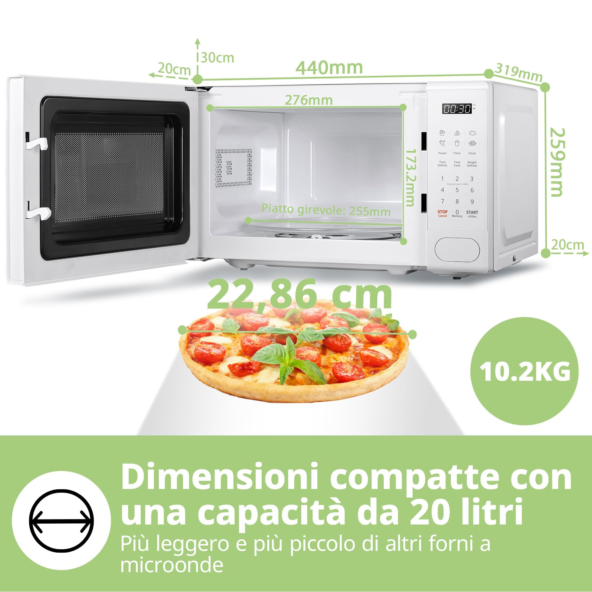 Forno a Microonde Digitale, 700W, 20L, 6 Menù Preimpostati, Express Cook, 11 Livelli di Potenza, Scongelamento, Funzione di Memorizzazione - Bianco