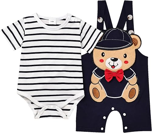 Miniatura 1 de Ropa para bebé niño recién nacido, mameluco a rayas, conjunto de pantalones con tirantes ajustables para bebés de 0 a 18 meses