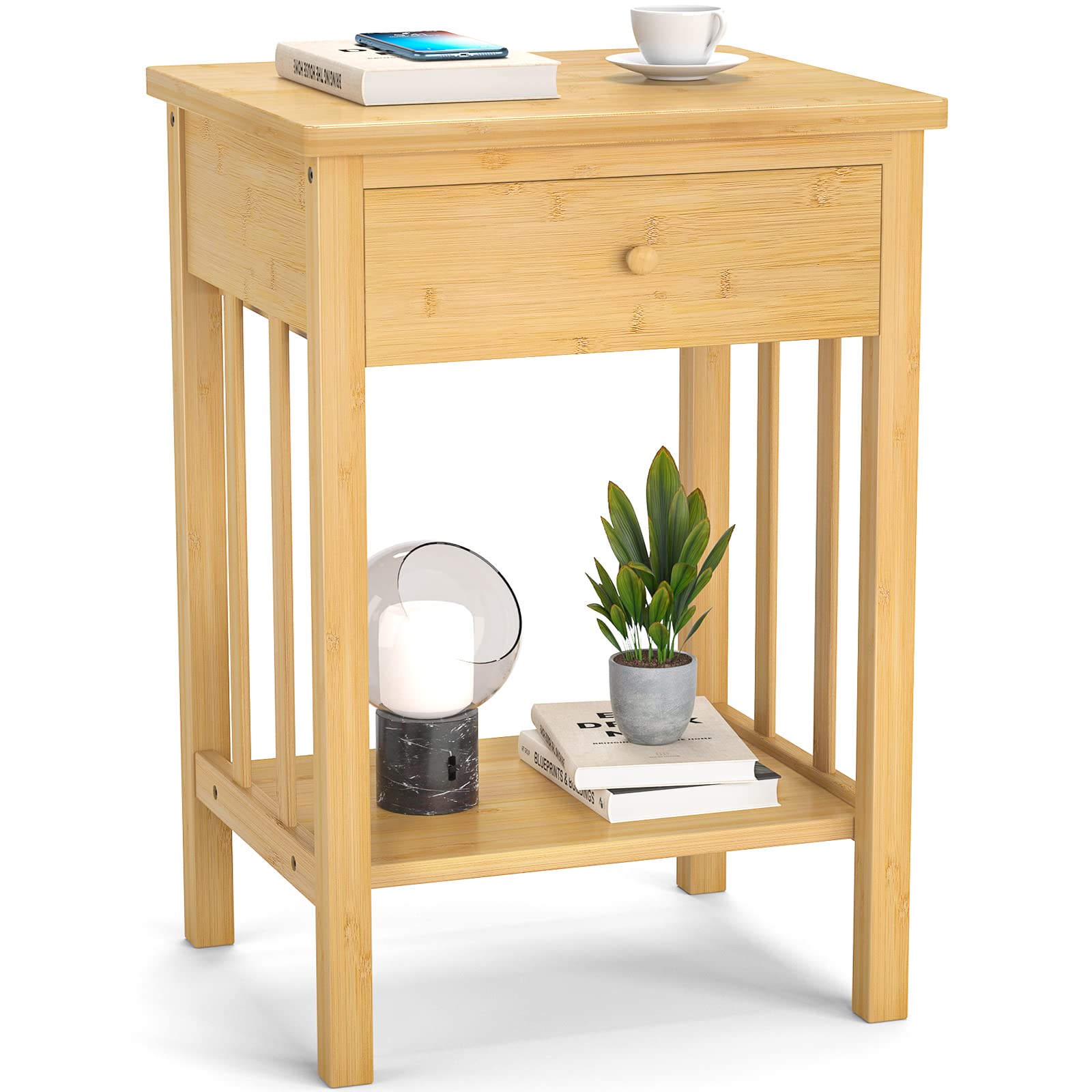 Buy Homykic Bamboo Nightstand, Natural Wood Boho End Side Table Bedside Table with Drawer for
