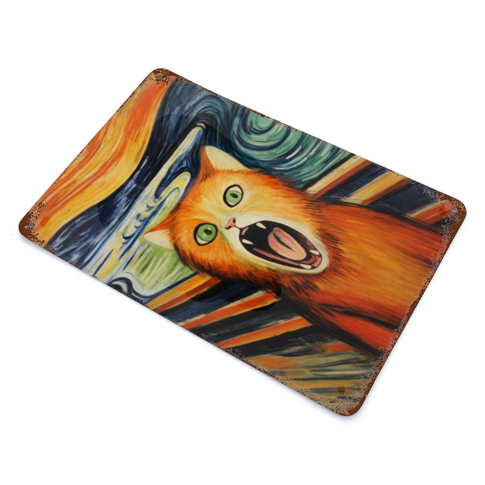 Cat Scream Paintings 11.8"x7.9" Rusty Metal Tin Sign, Farmhouse Wall Decor for Office, Studio And Wall Decor