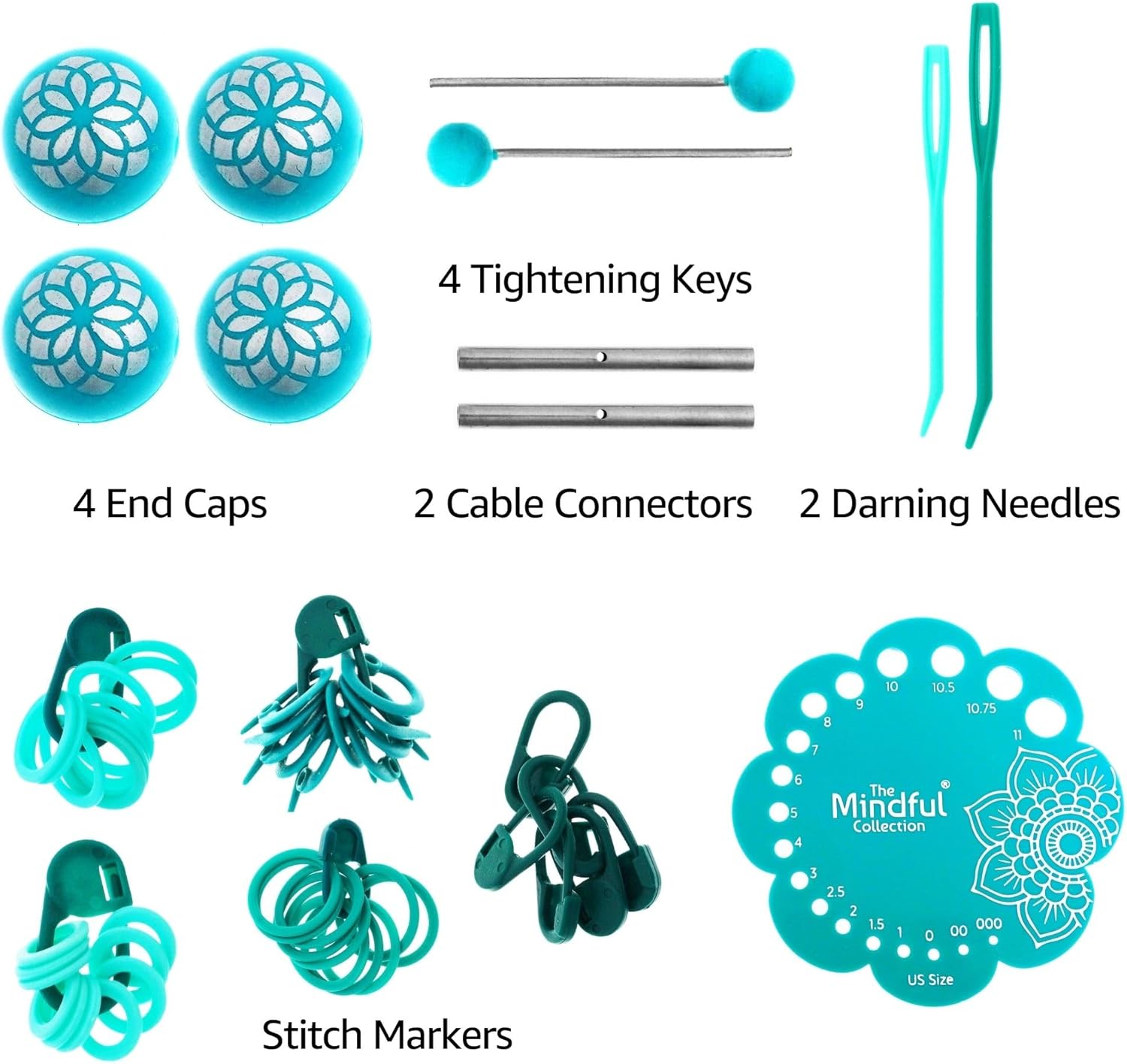 KnitPro Mindful Grace Set 4 Inch Circular Knitting Needles Size 2.5, 3, 4, 5, 6, 7, 8 Interchangeable, 4 Cables, 4 Caps, 2 Keys, 2 Connectors, Fabric Case with Project Bag
