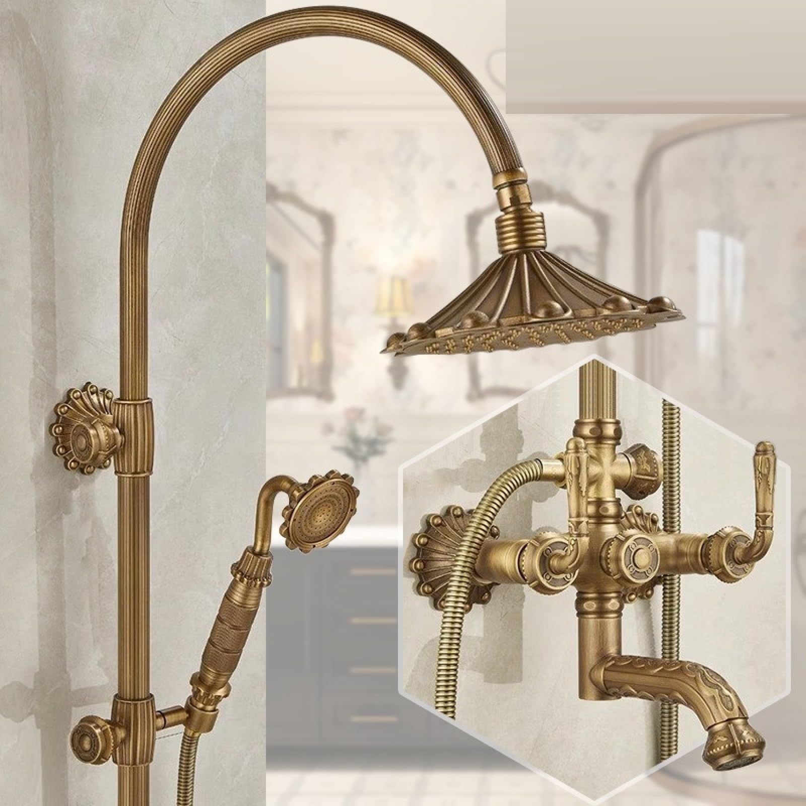 Fanjubei U8 Bathroom All-Copper Antique-Style Adjustable Adjustable Shower Headset