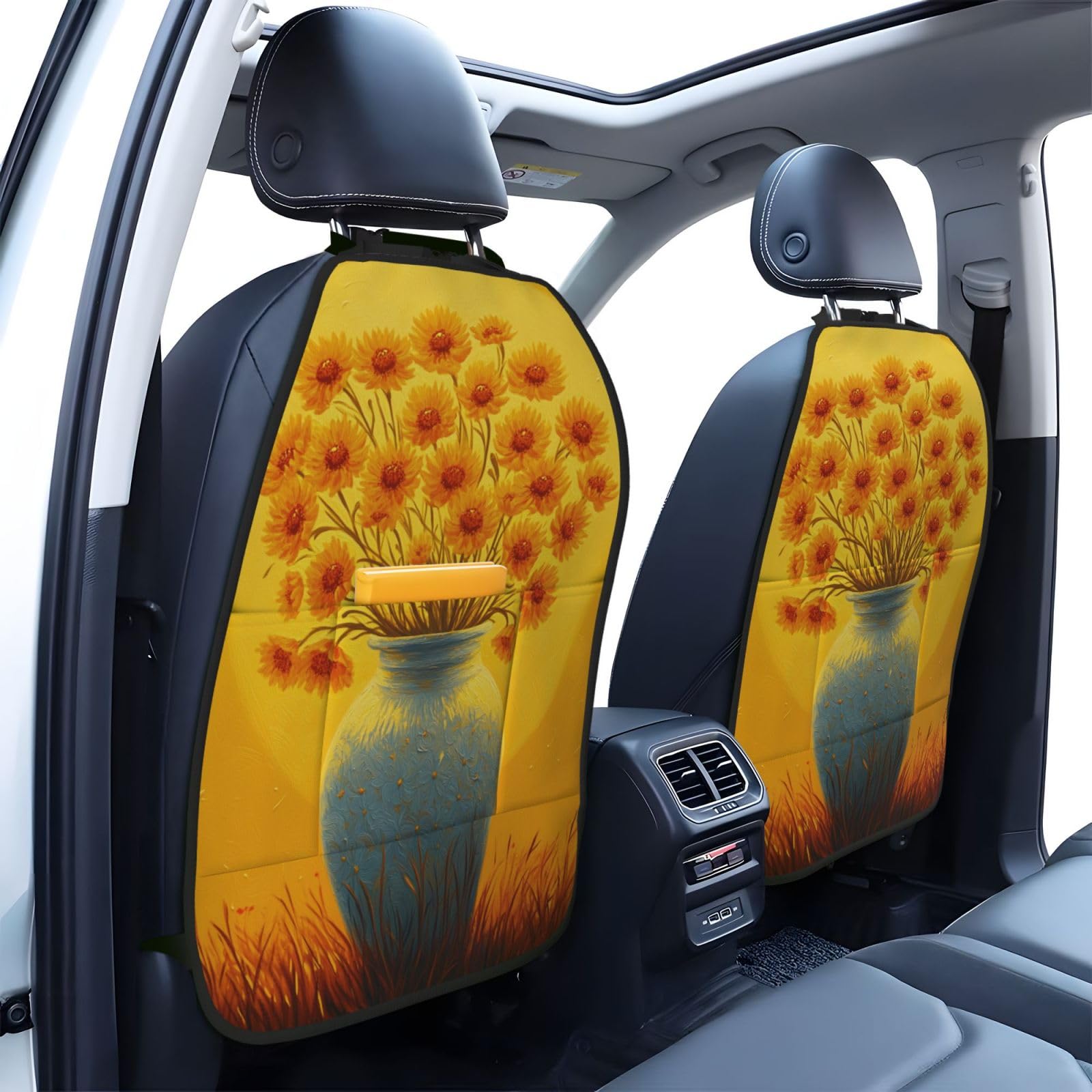 Yellow Flowers In Vase Car Seat Back Kick Protectors,2 Pack Kick Mats With Storage Pockets For Vehicles To Protect From Dirt Mud Scratches