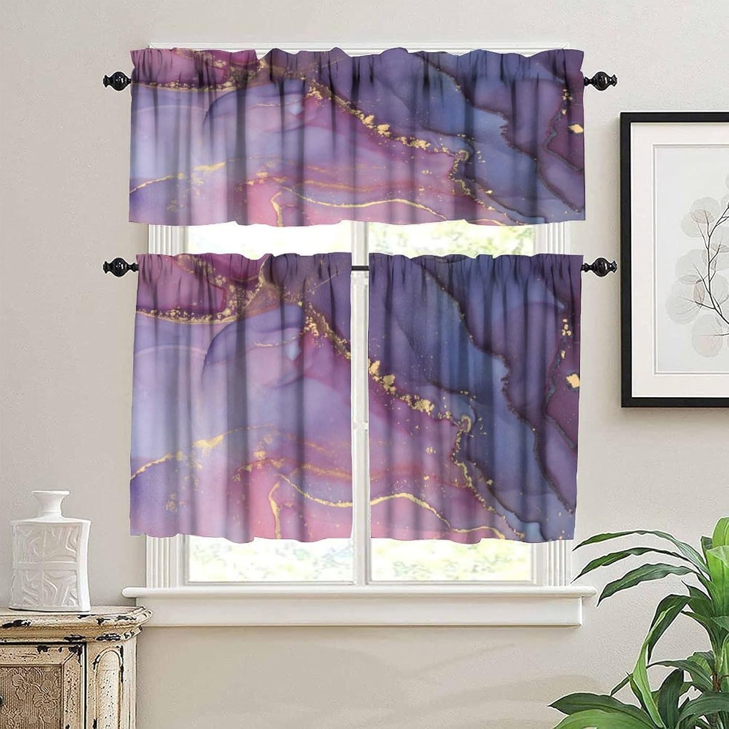 Marble Valance Curtains, Modern Abstract Luxury Baroque Golden Purple Blue Ink Fluid Texture Pattern Home Decor Short Window Treatments Drapes for Kitchen Bathroom Bedroom 54x18in 1P/27x24in 2P