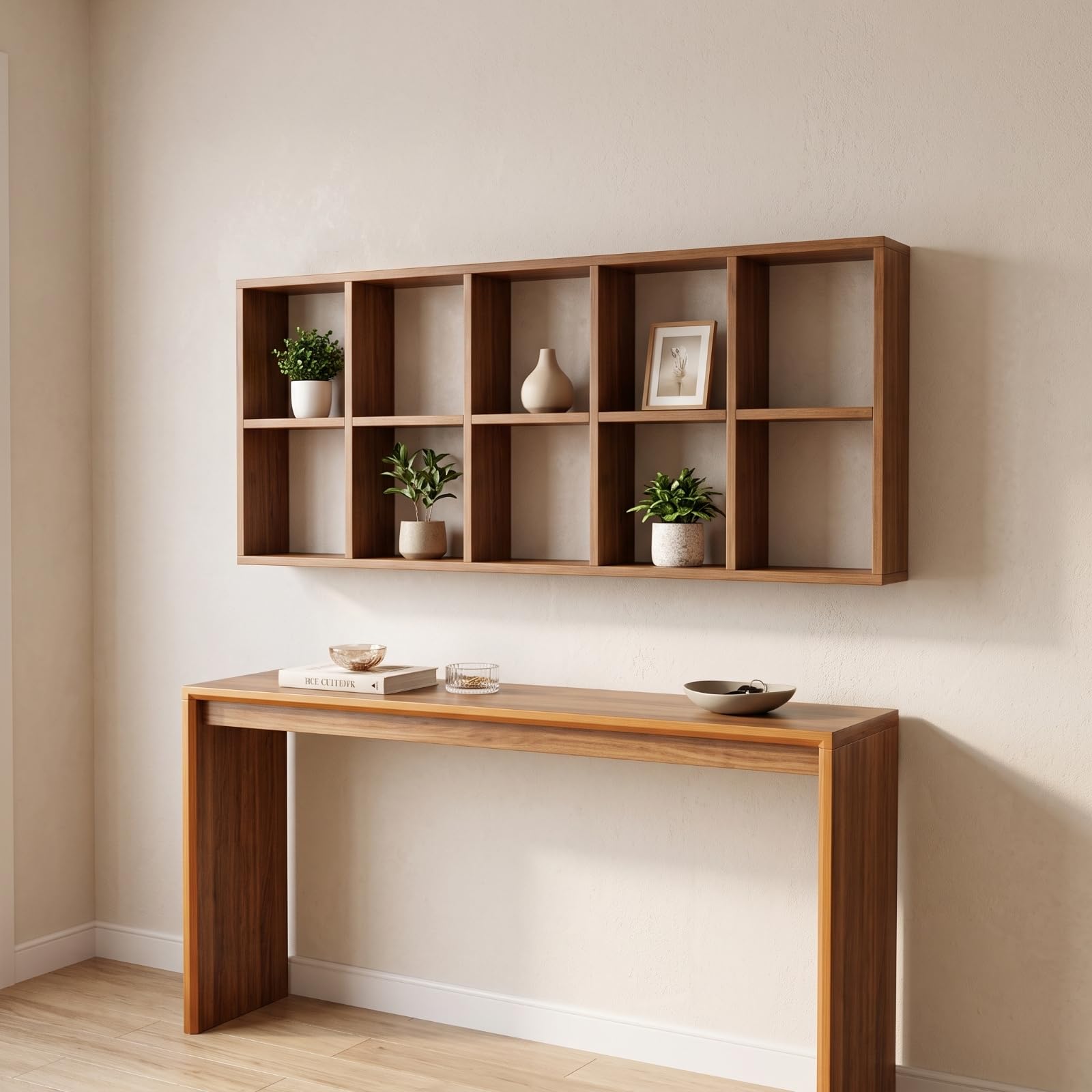 Gralara Scaffale a Parete con Rustico Scaffale in Legno con Salvaspazio Espositore Griglia per Collezionisti, Grande, Dieci Scomparti Senza Pannello Posteriore