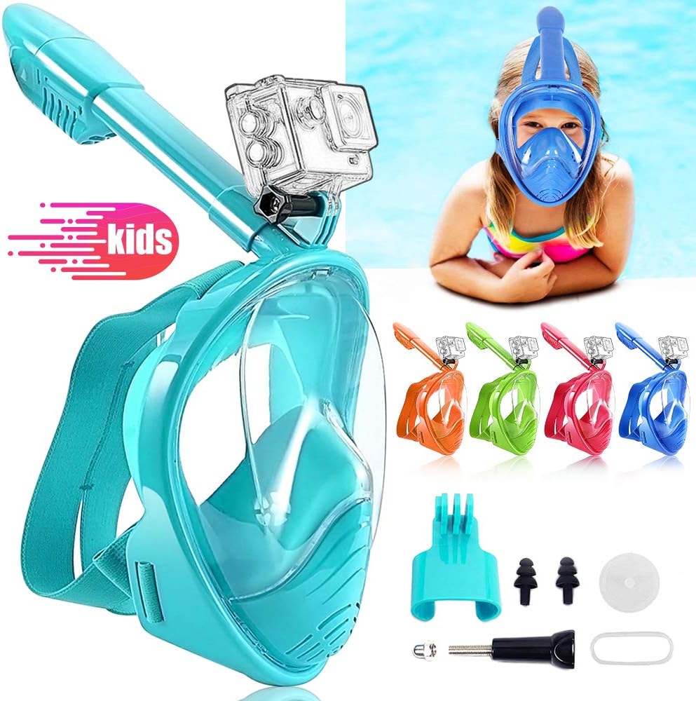Snorkel Mask Full Face for Kids, Children Diving Mask Swimming Snorkel Equipment, Silicone Seal Anti-fog Anti-leak with 180° View, Detachable Mount, Adjustable Head Straps (sky blue)