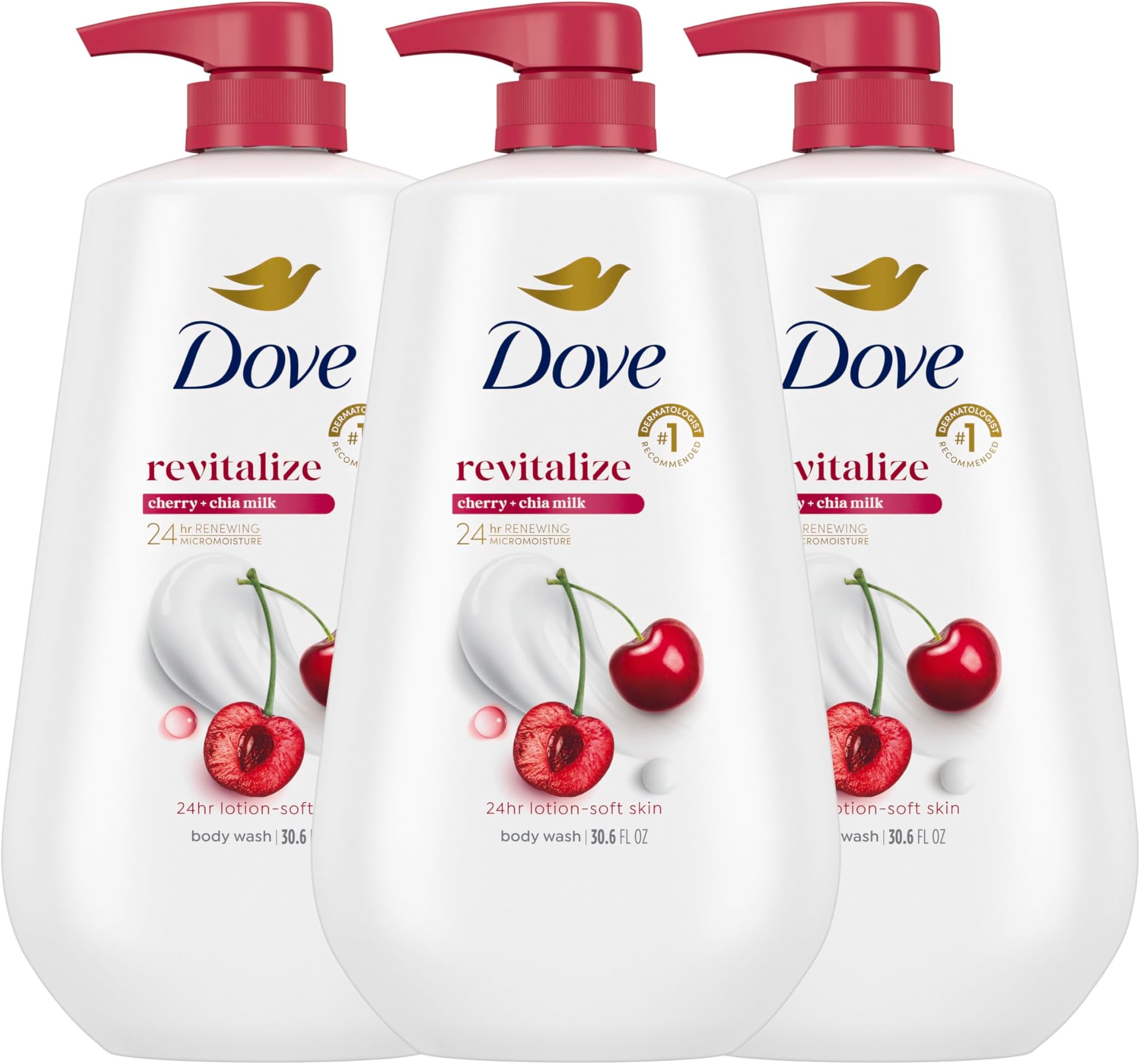 Body Wash with Pump 3 Count Revitalizante Cherry & Chia Milk, for Renewed, Healthy Looking Skin,Moisturizing Gentle Skin Cleanser with 24hr Renewing MicroMoisture, 30.6 oz