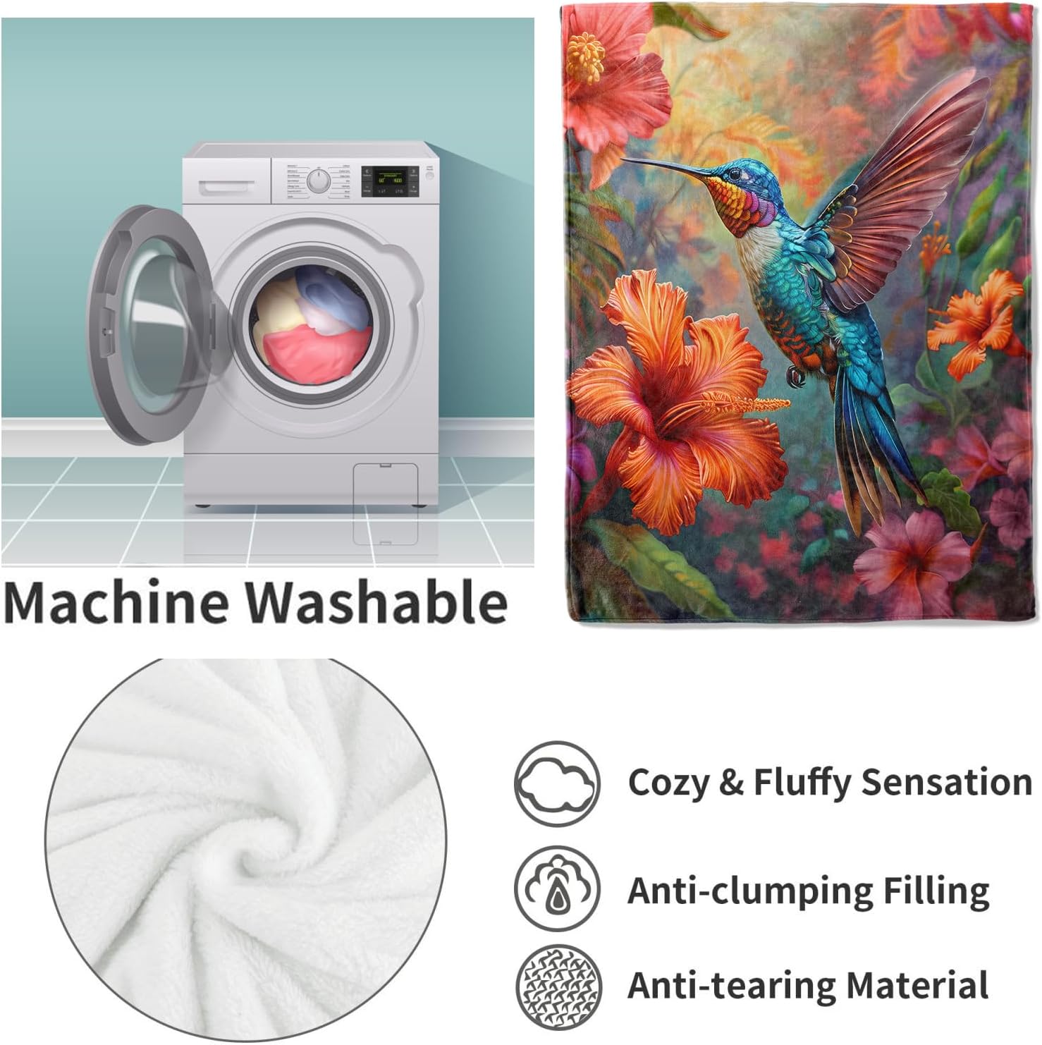 Floral Hummingbird Blanket Gifts for Women, Bird Hummingbird Flannel Blanket, Soft Warm Lightweight Throw Blankets for Bed Couch Home Travel Decor 50" x 60" - Image 4