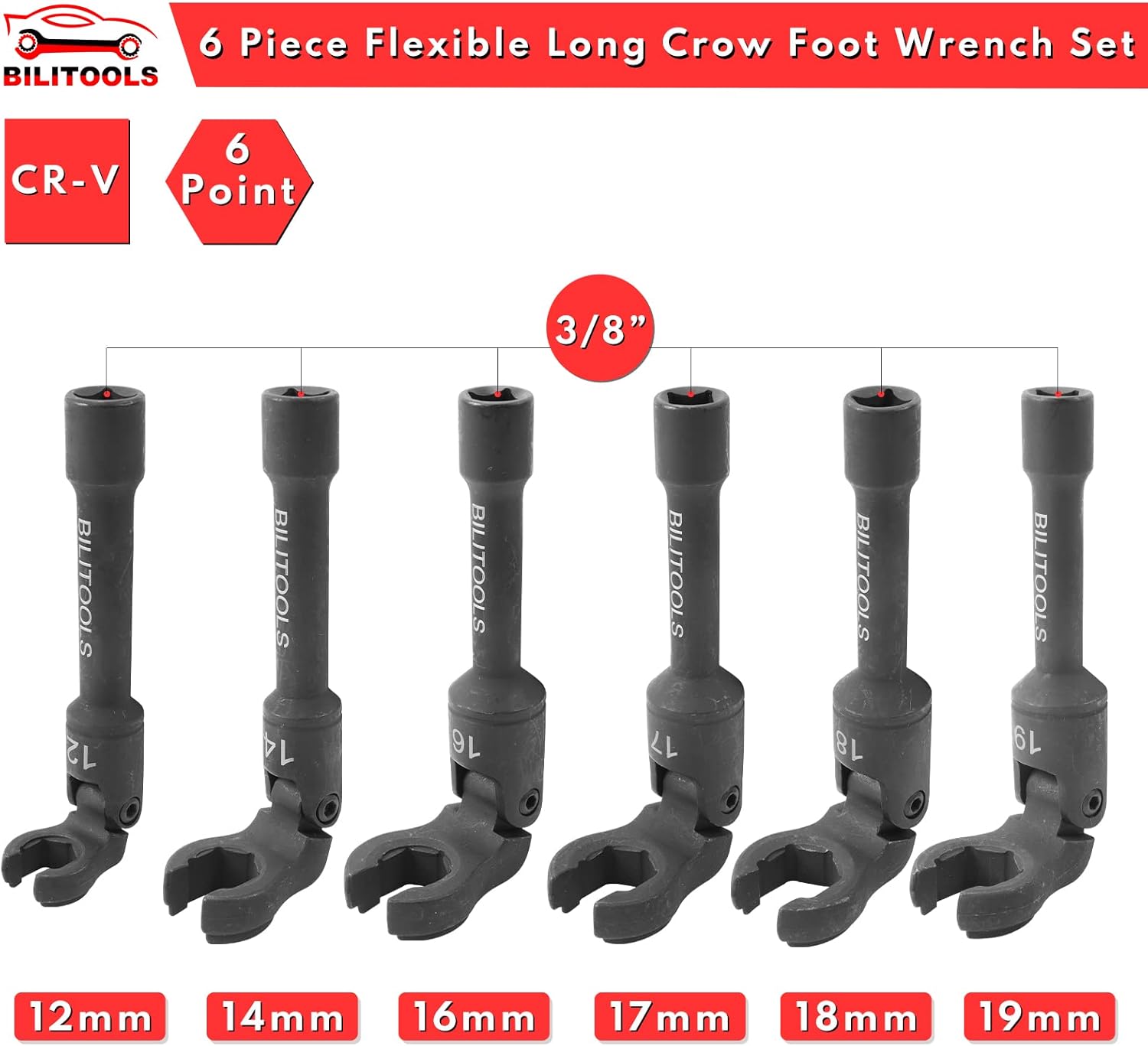 BILITOOLS Hose Pinch off Pliers& Long Flex Head Crows Foot Line Wrench Set, 3/8" Drive Injector Fuel Line Crowfoot Flare Nut Socket Wrench Metric 12-19 mm