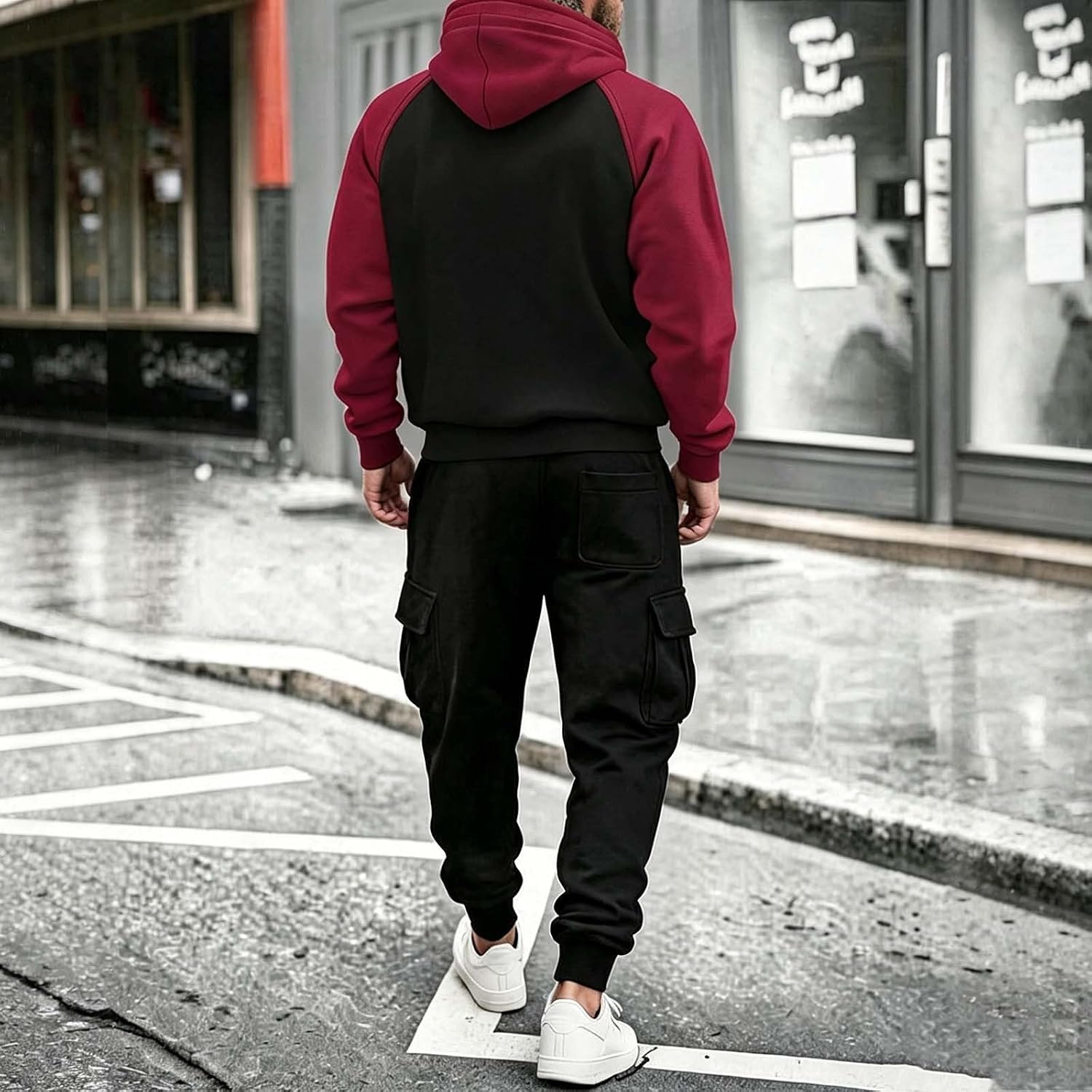 Men's Full Zip Colorblock Hoodie Set Cargo Multi Pocket