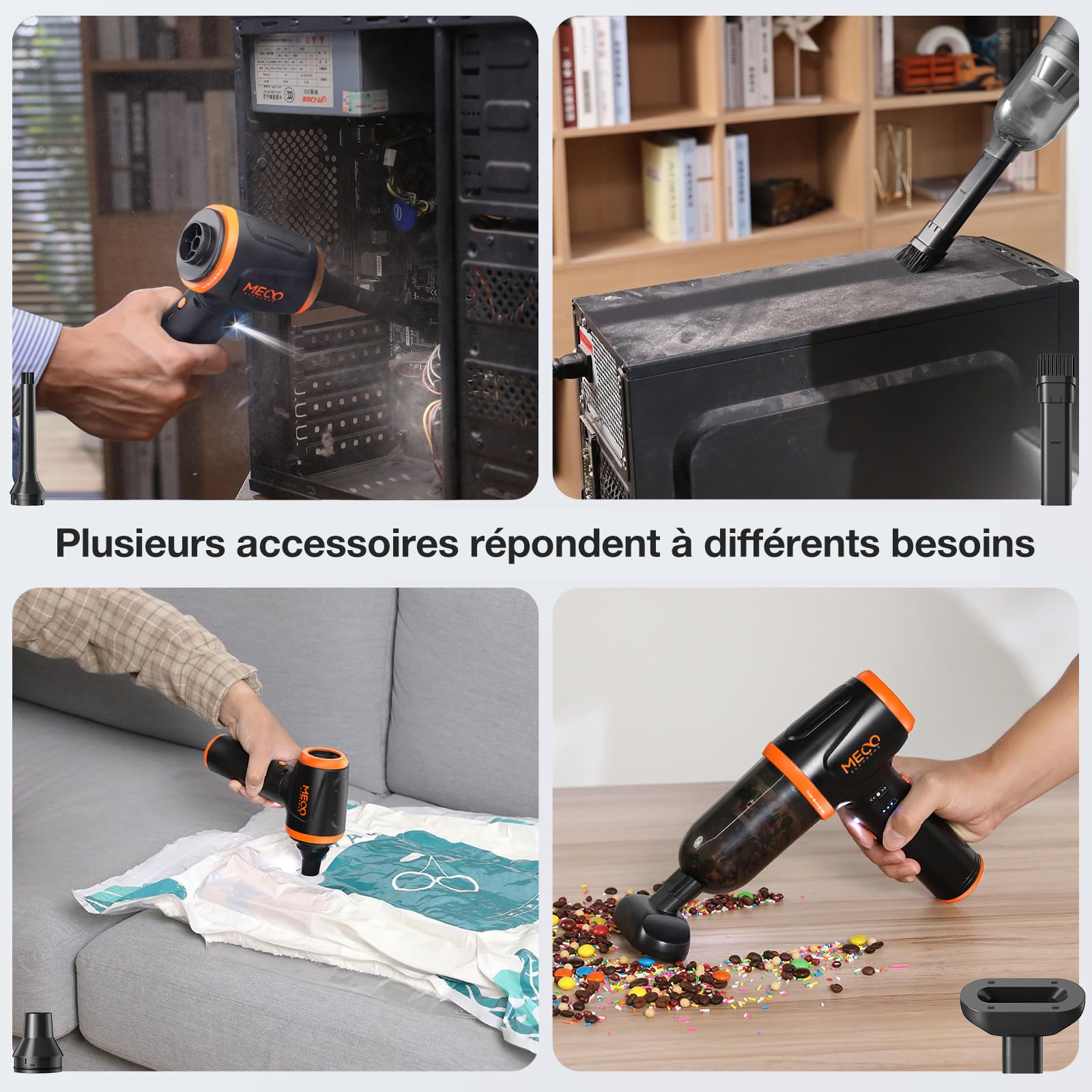 MECO ELEVERDE 4 en 1 Soufflette Air Comprimé, 3 Vitesses 110000u/ Air Duster, Aspirateur 16000pa, 2 Heures De Charge Rapide, avec Buses, Convient pour Pc, Ordinateur Portable, Avoiture (Orange)