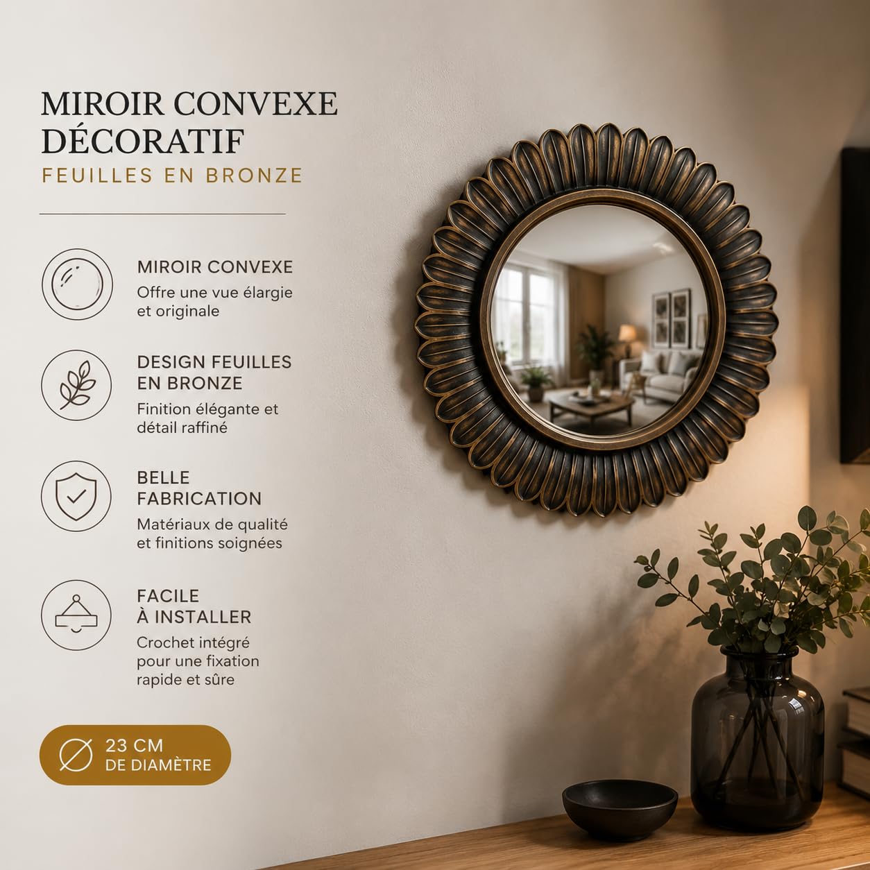 Générique Miroir Mural, Convexe, Décoratif, Feuilles en Bronze, 23 cm de Diamètre, avec Support de Fixation, Belle Fabrication