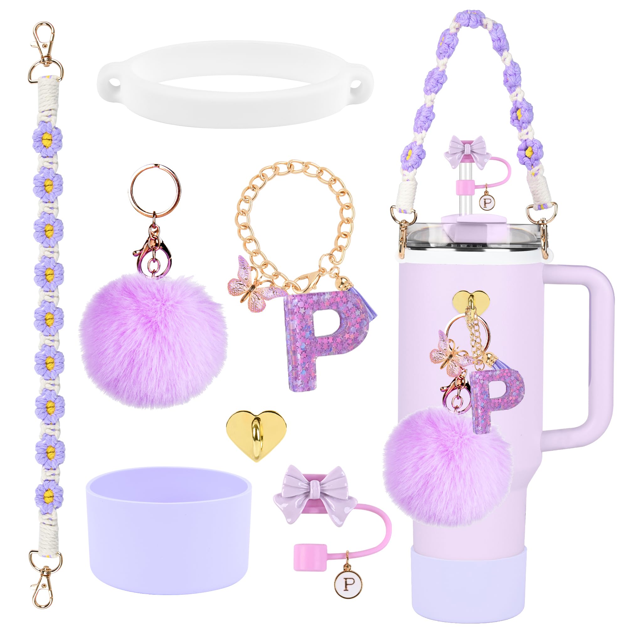 Stanley Cup Accessories Set, 10mm Straw Topper, Siliocne Boot, Water Bottle Handle Strap, Letter Charms for Stanley Cup Straw Cover Cap 40oz 30oz