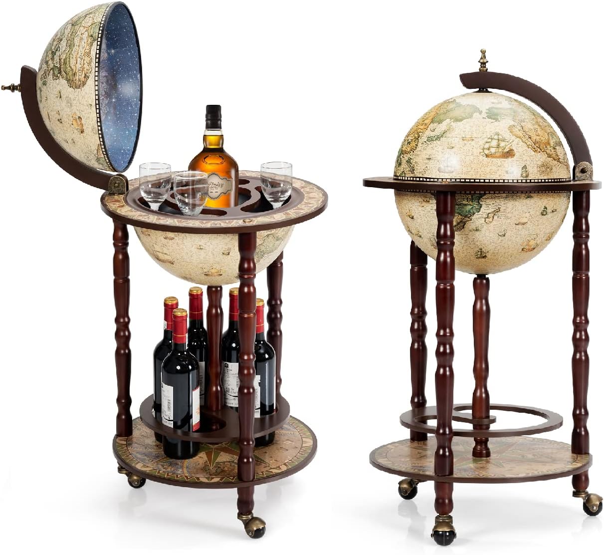 Globe Terrestre, Bar De Salon Hwc-a78, Minibar Roulant, Bois D Eucalyptus 4057651194479