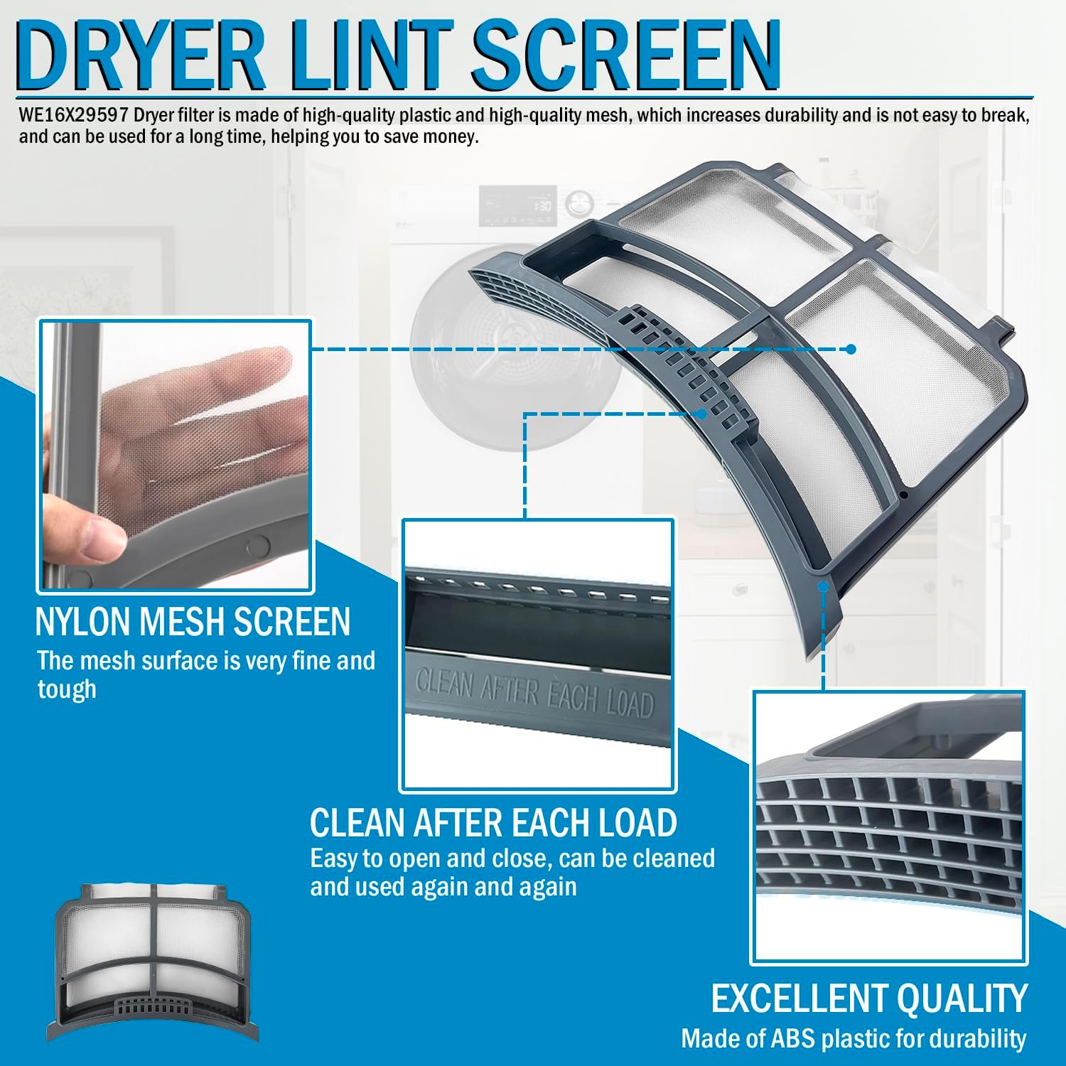 Dryer Lint Filter Trap Screen Fit for GE Clothes Dryer, Dryer Lint Strainer Replaces WE16X32537 WE16X29597 AP7205579