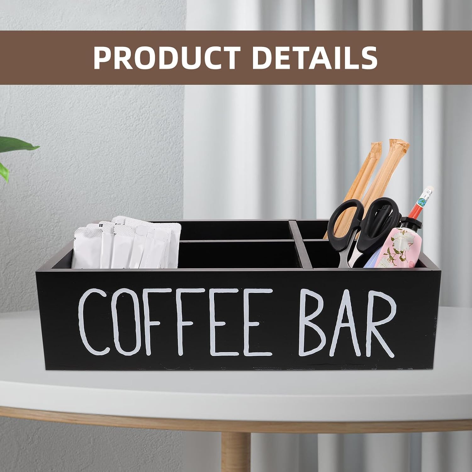 Coffee Tea Bag Storage Organizer Box with 4 Compartments Black Wood Countertop Holder for Tea Bags and Coffee Accessories for Home and Office Use