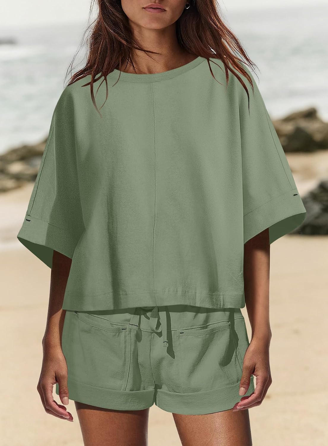 Panadila Womens Oversized Lounge Sets Summer 2 Piece Short Sets Half Sleeve Top and High Waisted Shorts with Pockets