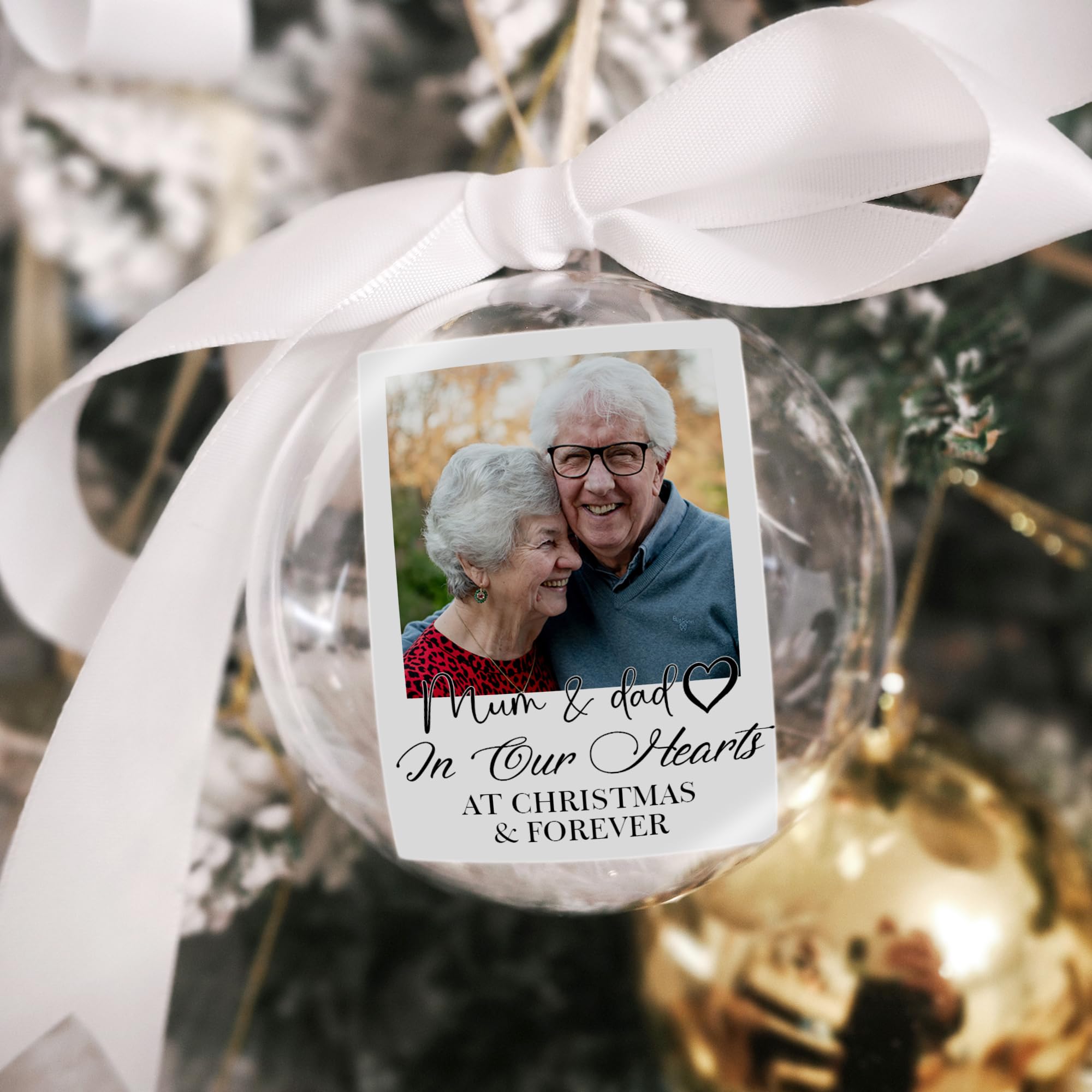 Gutegifts Clear Personalized Photo Memorial Christmas Bauble – In Loving Memory Of Mum Dad Grandad Nanny Ornament, 8Cm Ball, Ribbon & Feather – In Our Hearts At Christmas & Forever Xmas Tree Decoration