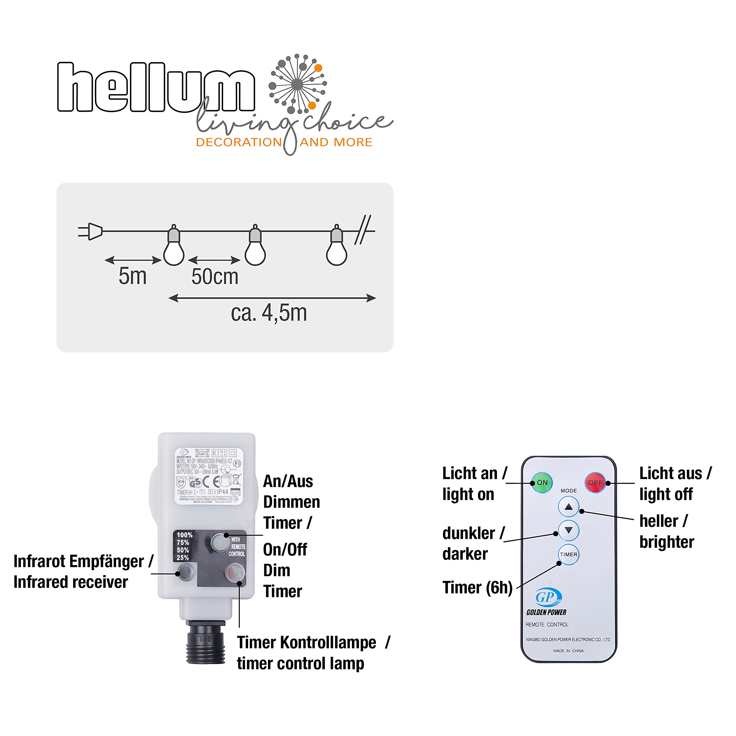 hellum LED Party Lichterkette außen dimmbar Timer, Trafo & Fernbedienung
