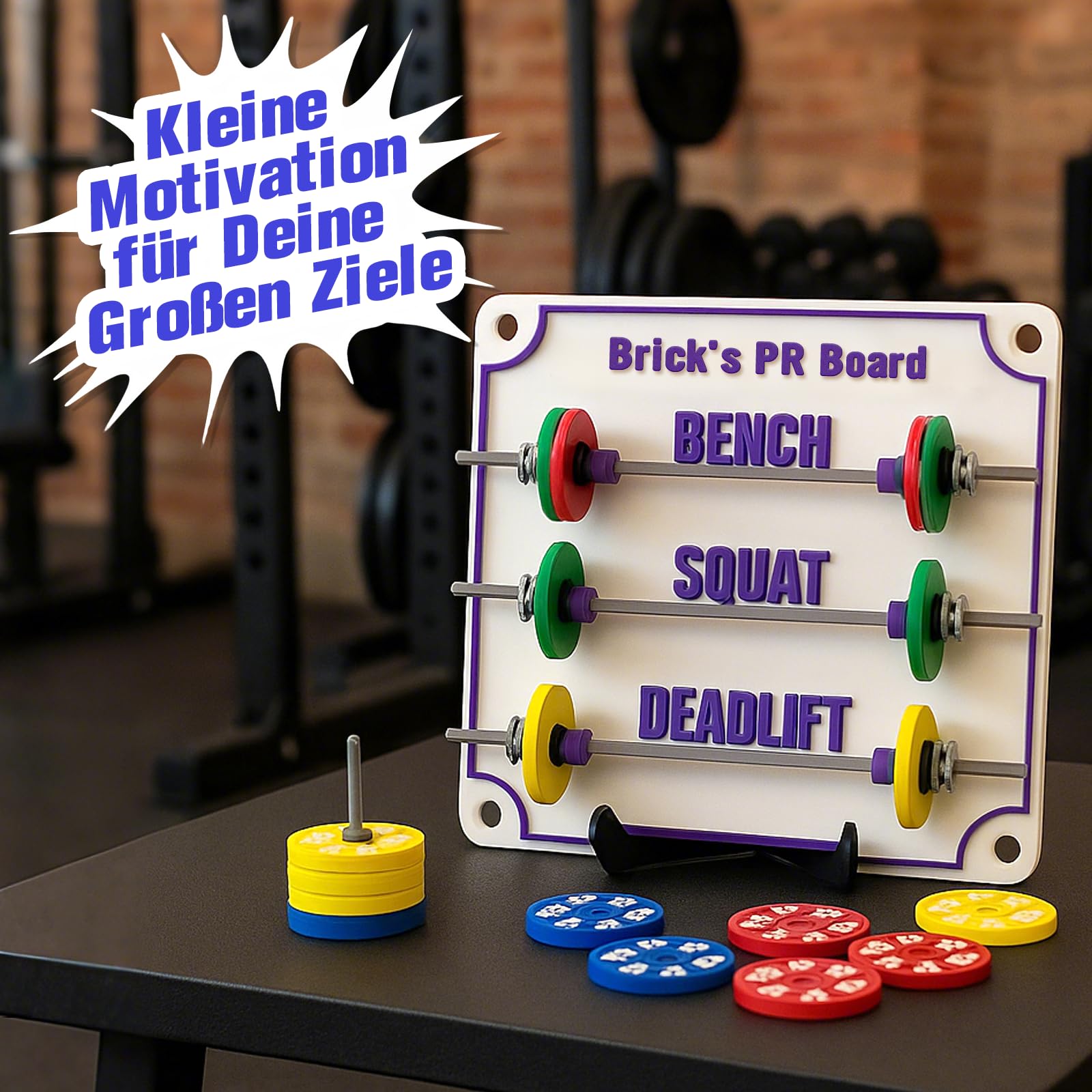 PR-Tafel für Krafttraining mit Mini-Hantelscheiben und Kurzhanteln, Personalisiertes PR-Board zur Erfassung Persönlicher Rekorde, Geschenk für Kraftsportler Fitness-Enthusiasten