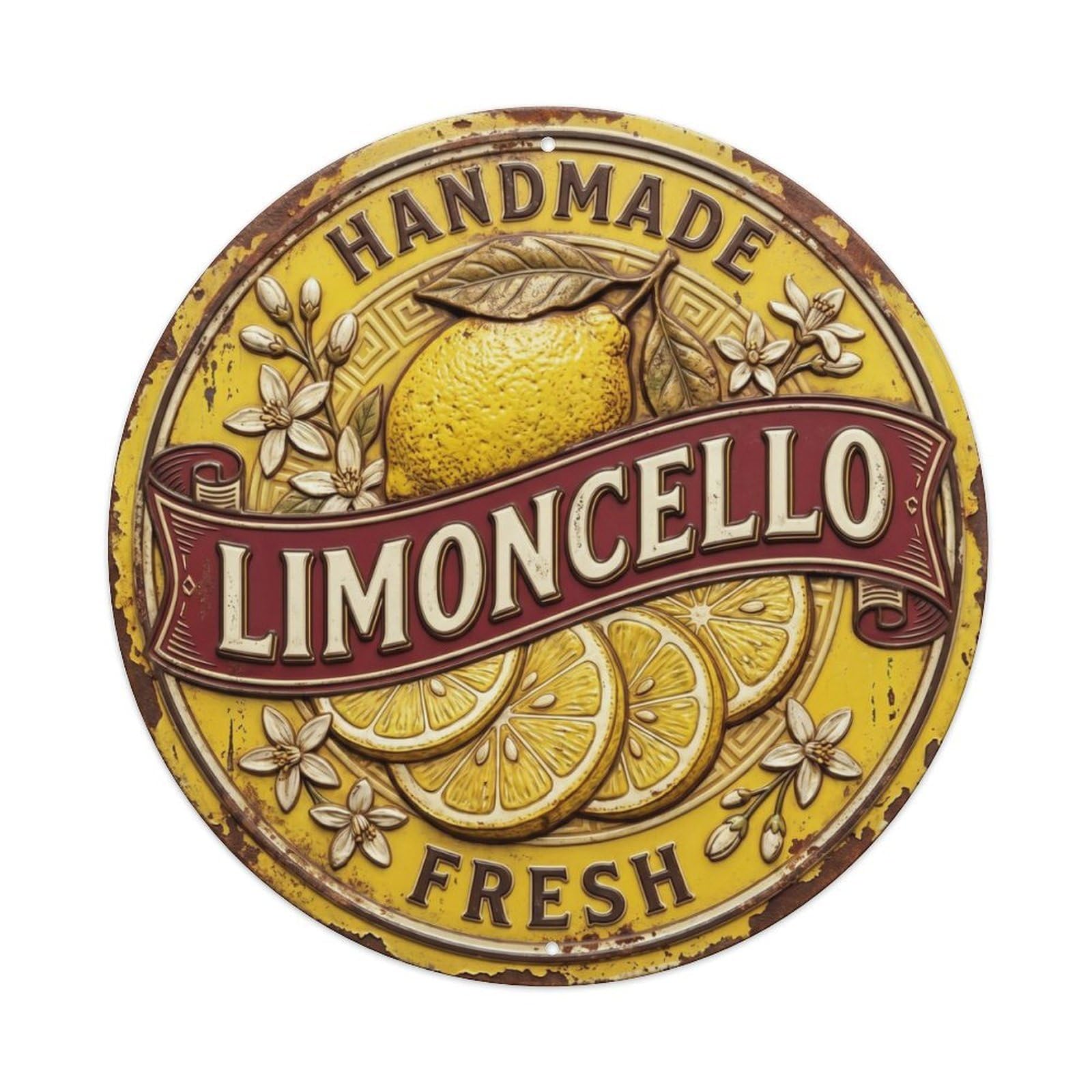 Fqcyn Style Handmade Metal Emblem Limoncello Metal Tin Sign Plaque Wall Decor For Cafe, Club Bar, Office, Home Garden Round Metal Poster 8X8inch