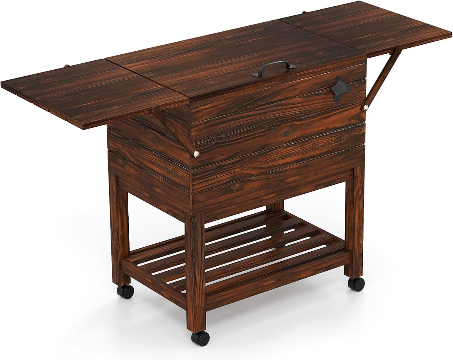 Tangkula Wooden Patio Cooler Cart, Outdoor Ice Chest Cooler with Bottle Opener for Poolside, Backyard, Party, BBQ