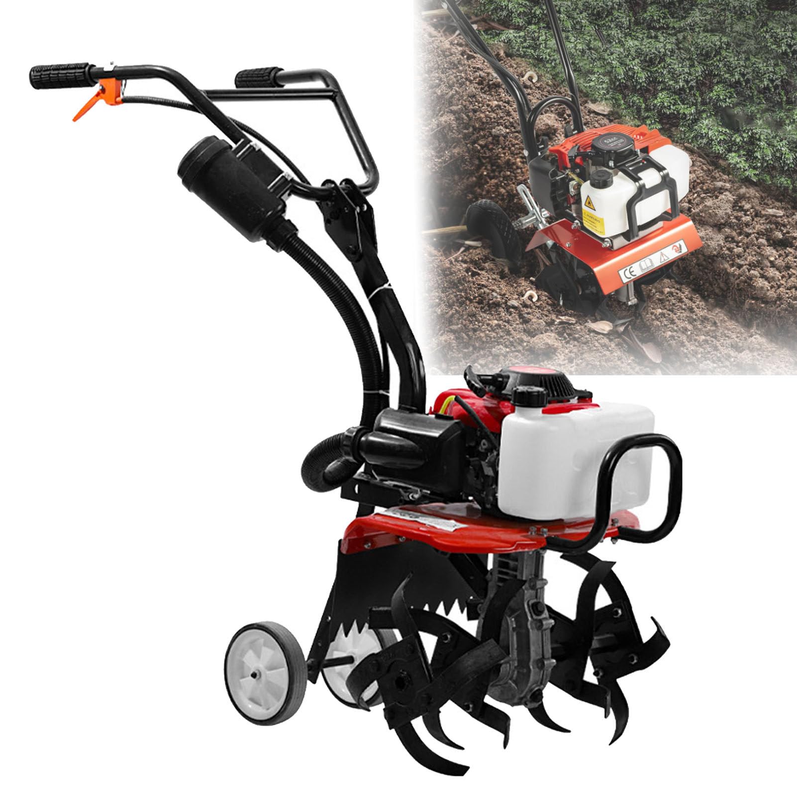 Motocultor de jardín de 4 tiempos, motoazada de gasolina, cultivador de césped con 4 cuchillas de acero y 2 ruedas, mango de altura ajustable, motocultor de mano doméstico