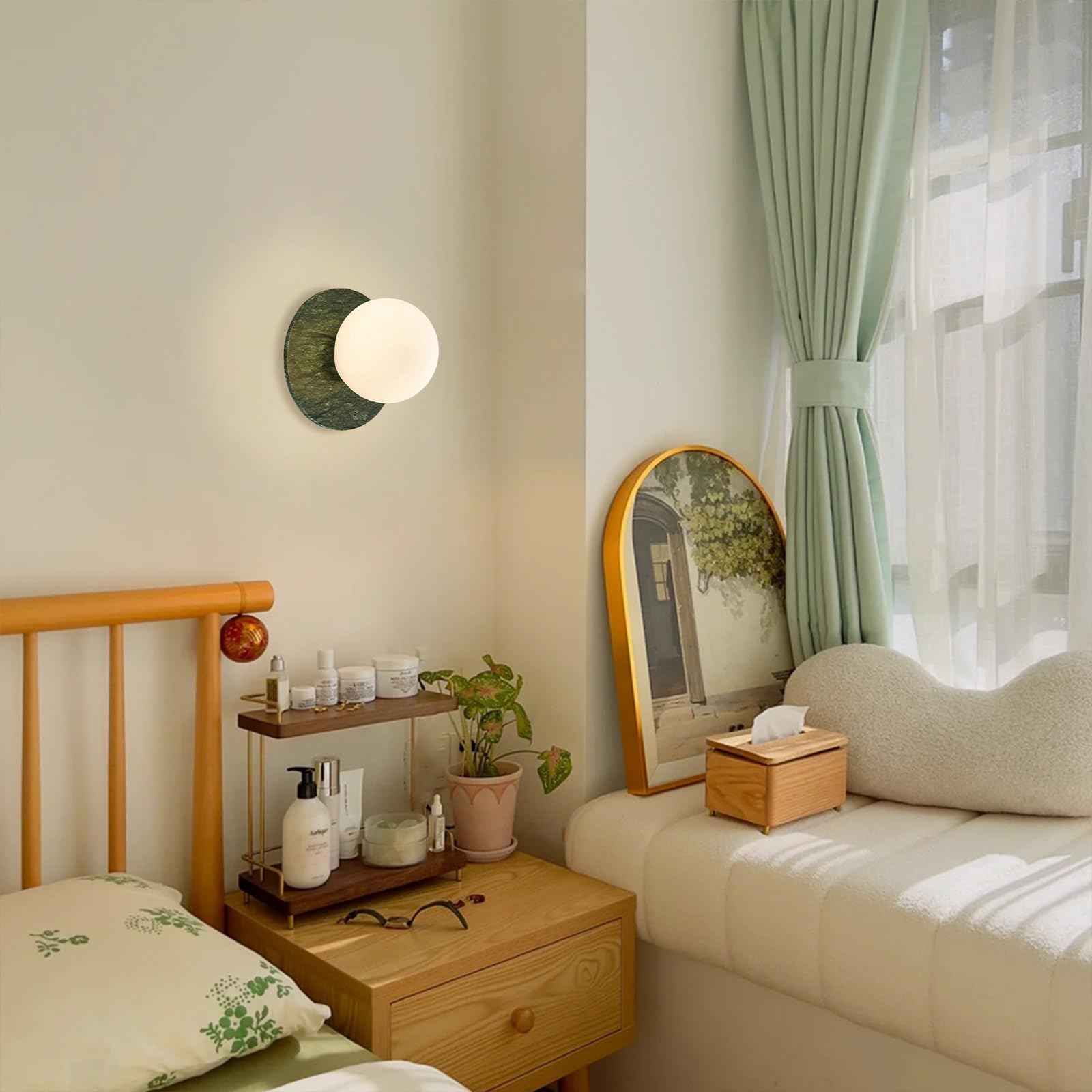 Kinkiet/lampa sufitowa z kamienia naturalnego, okrągła marmurowa oprawa ścienna z mlecznobiałym szklanym kloszem, dekoracja wnętrz w stylu nordyckim kinkiet do sypialni przy łóżku(Green)