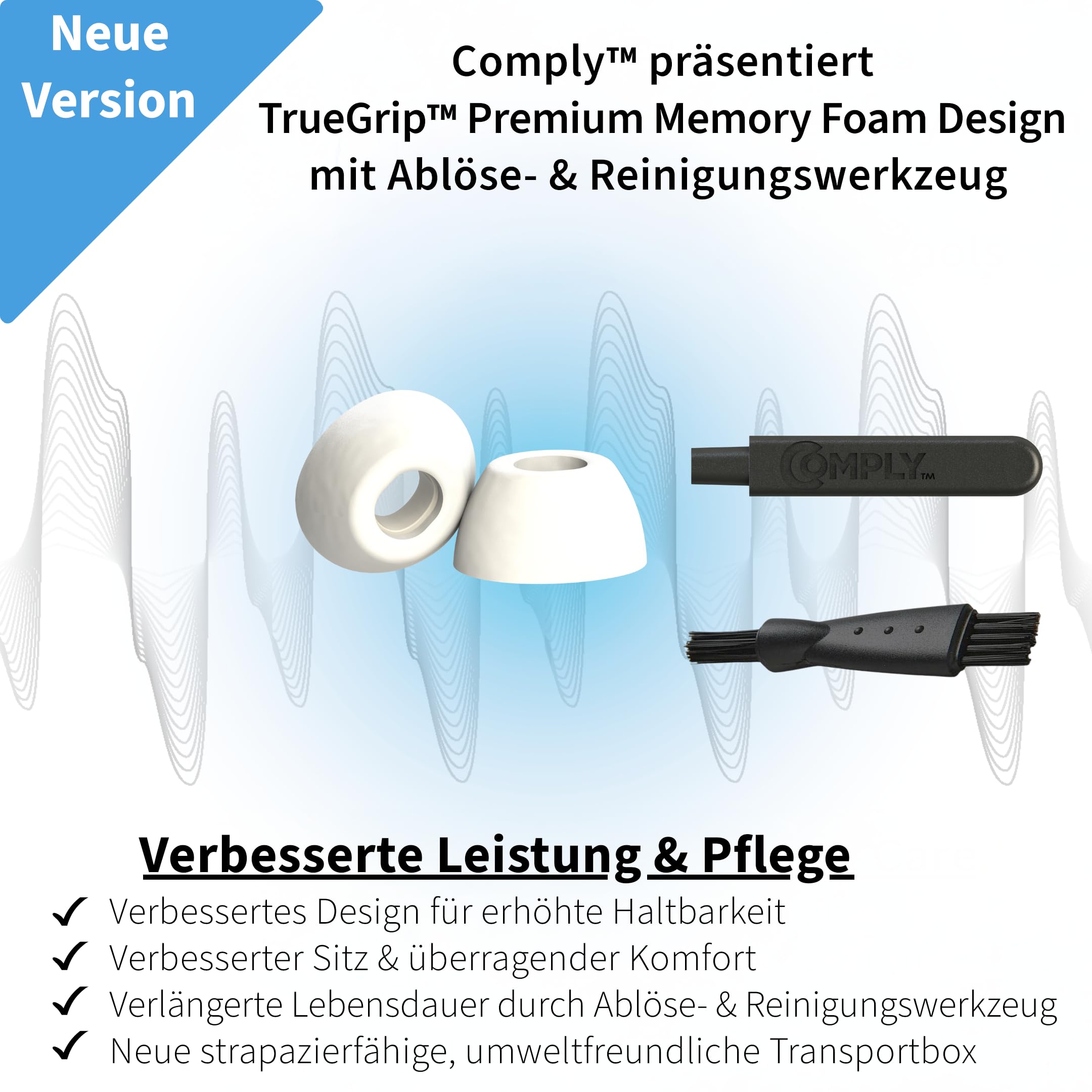 Comply Premium piankowe zatyczki do uszu, kompatybilne z Apple AirPods Pro Gen 1 i 2, rozmiar M, wersja 2025 z narzędziem do demontażu i czyszczenia, białe, 3 pary, wyprodukowano w USA