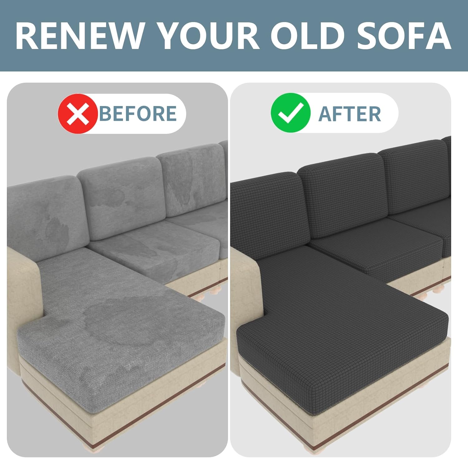 Couch Covers for Sectional Sofa L Shaped with Chaise 3 Cushion Couch Cover-Sectional Sofa Cover,Washable Seat Cushion Slipcovers,Elastic Furniture Protector for Pets, Kid,Living Room