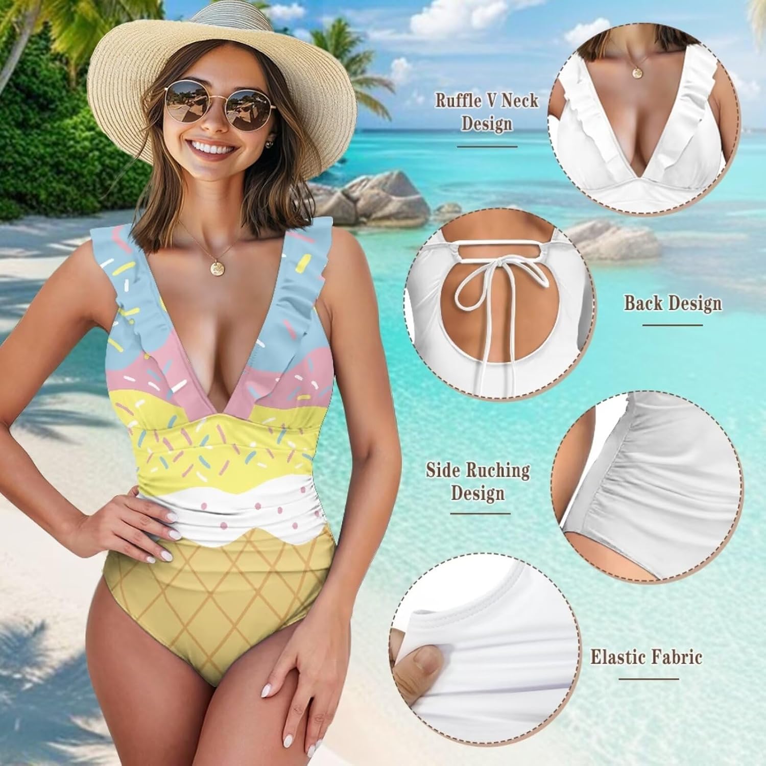 Women's One Piece Ice Cream Ruffled Swimsuit V Neck Bathing Suit Tummy Control Swimsuits Swimwear
