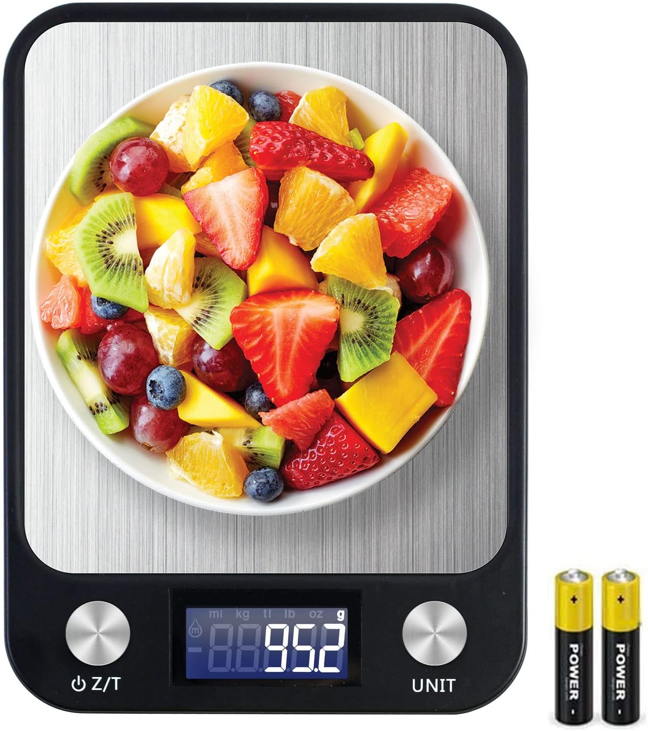 Digital Kitchen Scale Multifunction Food Scale, Touch Button, Ultra Slim with Large LCD Display, 11lb/5kg, 22lb/5kg, Stainless Steel (Batteries Included) (10000g/1g)