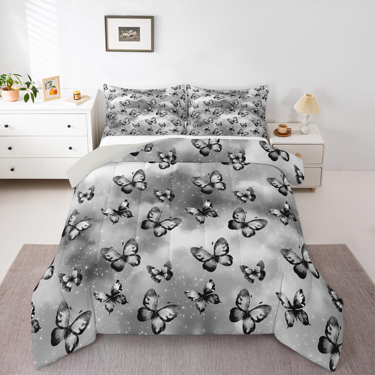 Erosebridal Butterfly Bedding Sets Full - Dreamy Coquette Comforter Set for Kids Adults Watercolor Gradient Grey Butterfly Duvet Insert Galaxy Stars Print Quilt