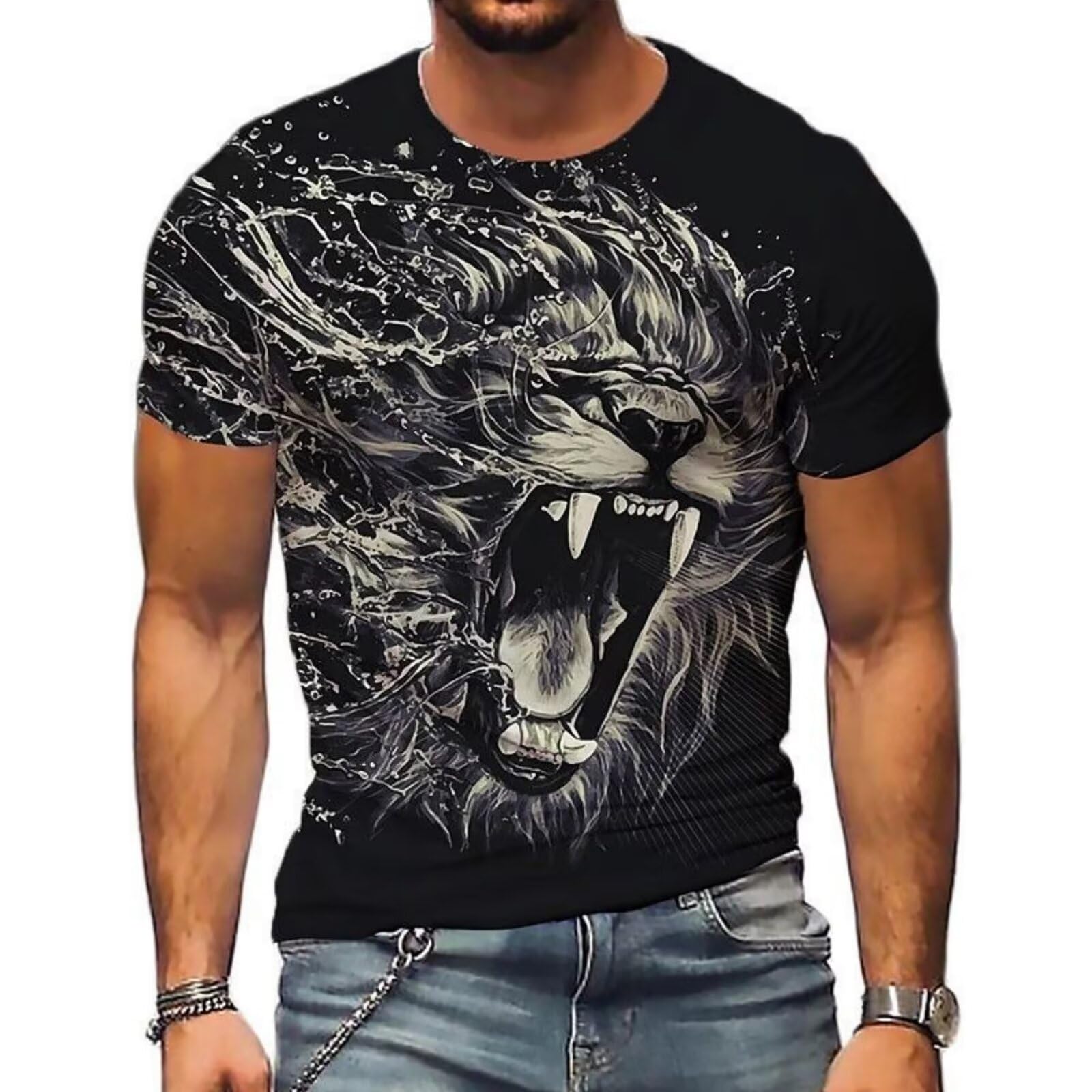 Mens Domineering Summer 3D Animal Lion T-Shirt Casual Short Sleeve Tee Shirt