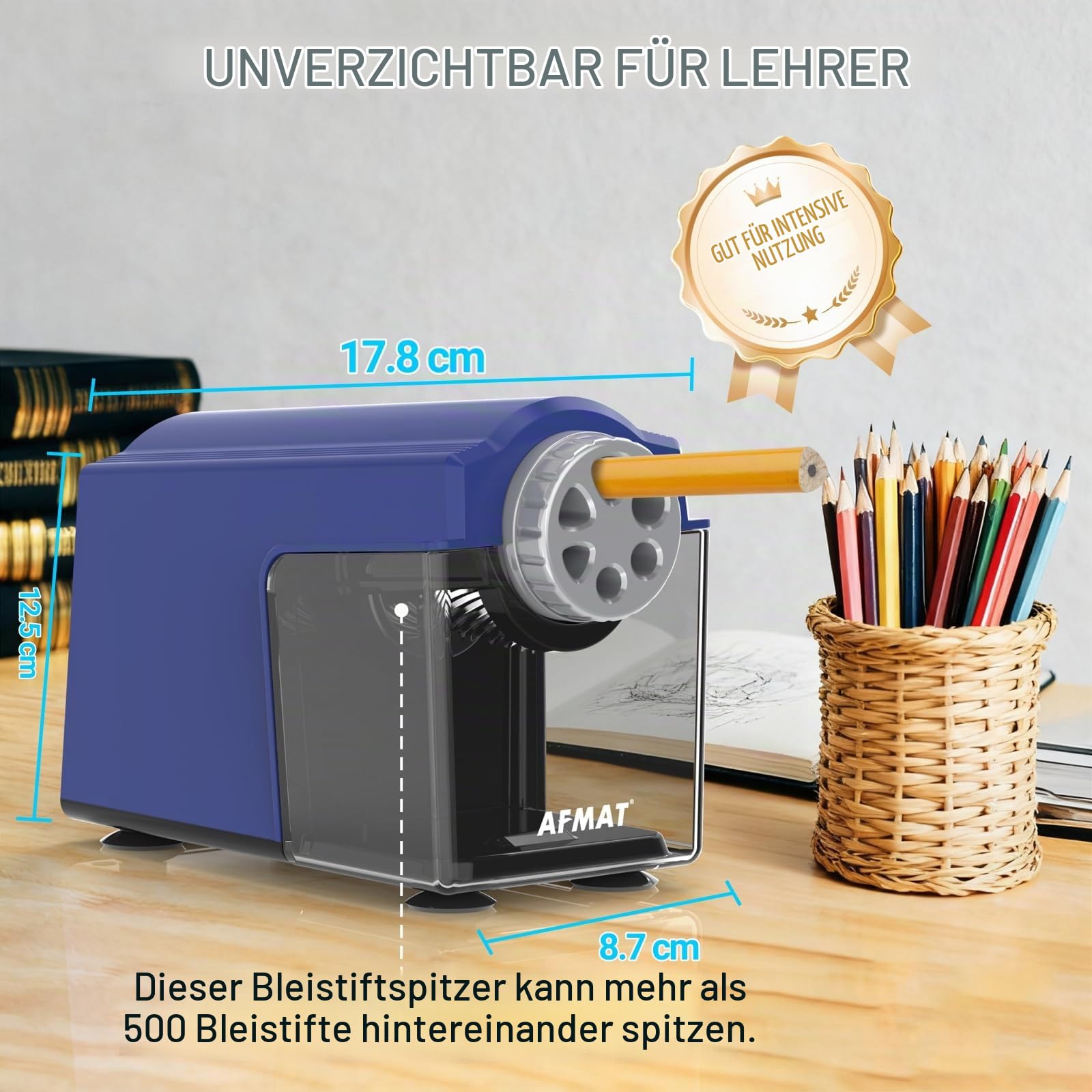 AFMAT Elektrischer Anspitzer mit Behälter, 6 Löcher Große Spitzer mit Dose für 6-11mm Dicke und Dünne Stifte, Wiederaufladbar Robust Autostopp Bleistiftspitzer für Büro Schule Künstler,Blau PSD4