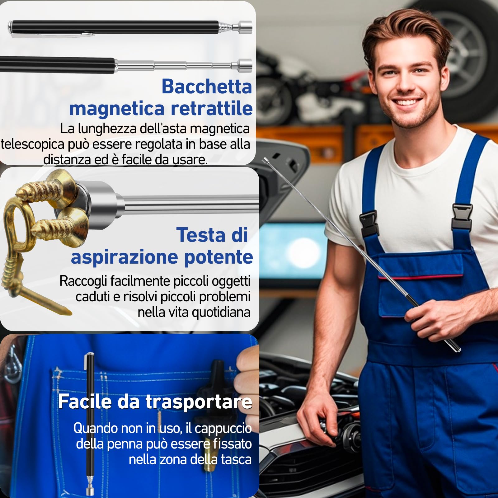 Set Calamite Telescopica E Flessibile - 55 Cm Per Recupero Oggetti In Spazi Stretti