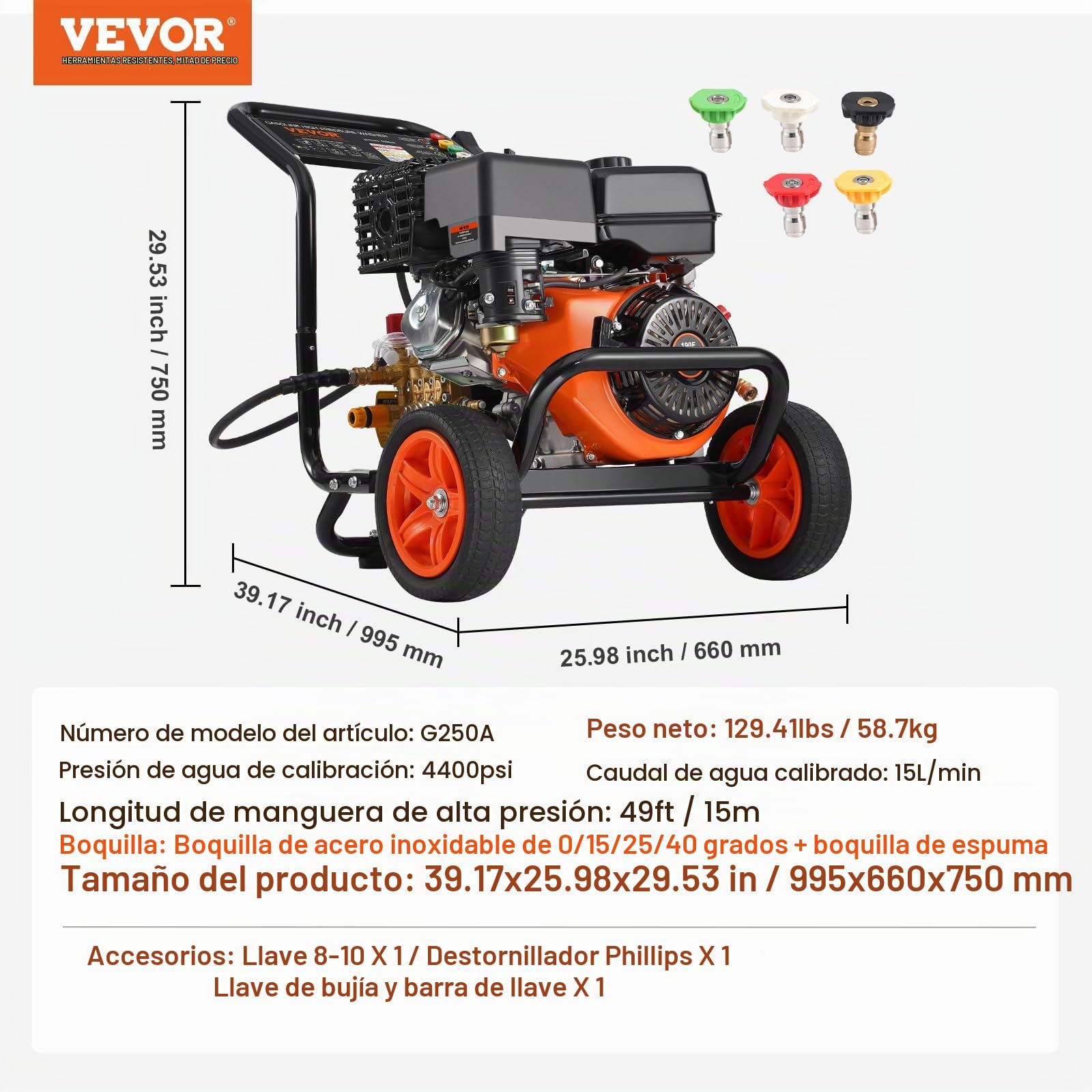 VEVOR Lavadora de Alta Presión a Gas 4400 PSI Limpiador de Alta Presión 15 L/min con Bomba de Cobre, Pistola Rociadora, Varilla de Extensión, 5 Boquillas para Casas, Vehículos, Patios