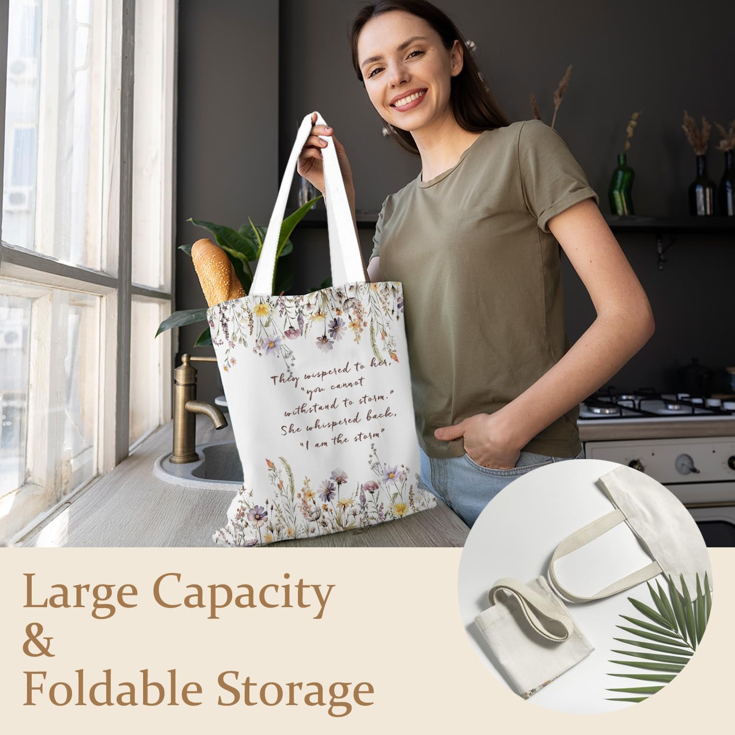 Floral Feminist Gifts Tote Bag, Wildflower Inspirational Canvas Tote Bags for Women, Positive Affirmation Gifts, I Am the Storm Motivational Reusable Grocery Shopping Bags - Image 3