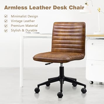 Hellove Brown Office Chair with Wheels, Armless Desk Chair, Height Adjustable Vanity Chair, PU Leather Swivel Chair with Backrest, 360° Rolling Task Chair for Home Office, Bedroom, Classroom