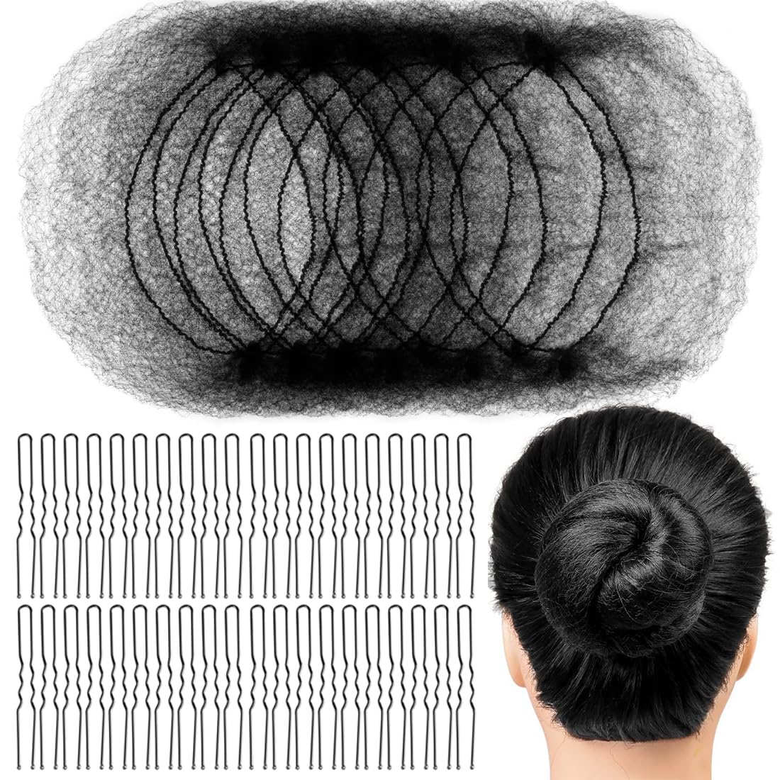 Retine Elastiche Invisibili per Capelli 20 Pezzi con 40 Forcine Nere, Retina per Chignon Donna