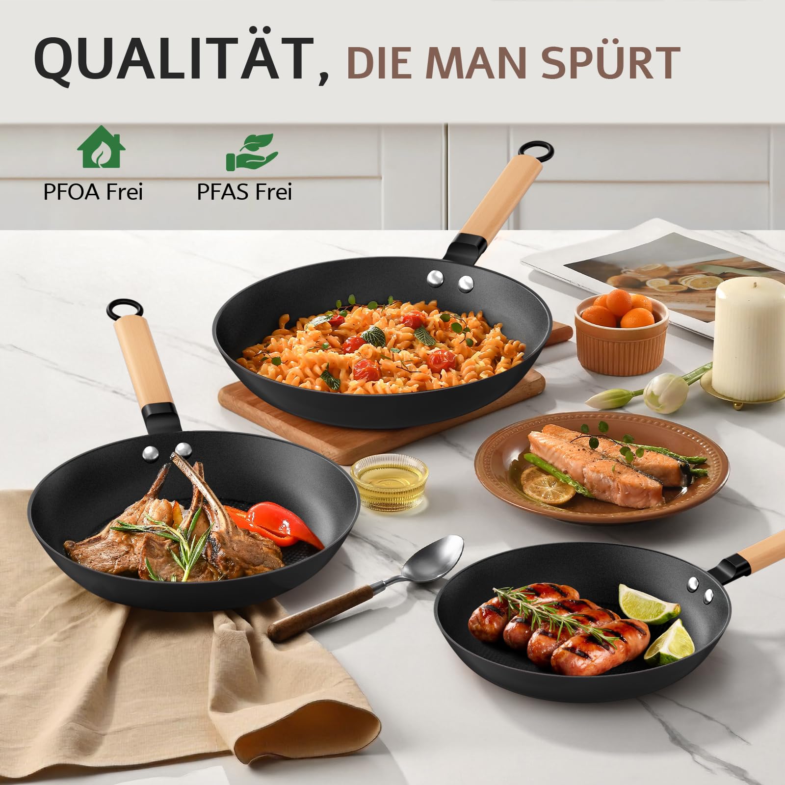 YUTANN Gusseisenpfanne, Antihaft-Bratpfanne, Frying Pan, Abnehmbarer Holzgriff, PFAS-Frei/PFOA-Frei, Beschichtete Pfanne Für Gasherd Induktion Oven (Schwarz, 28cm)