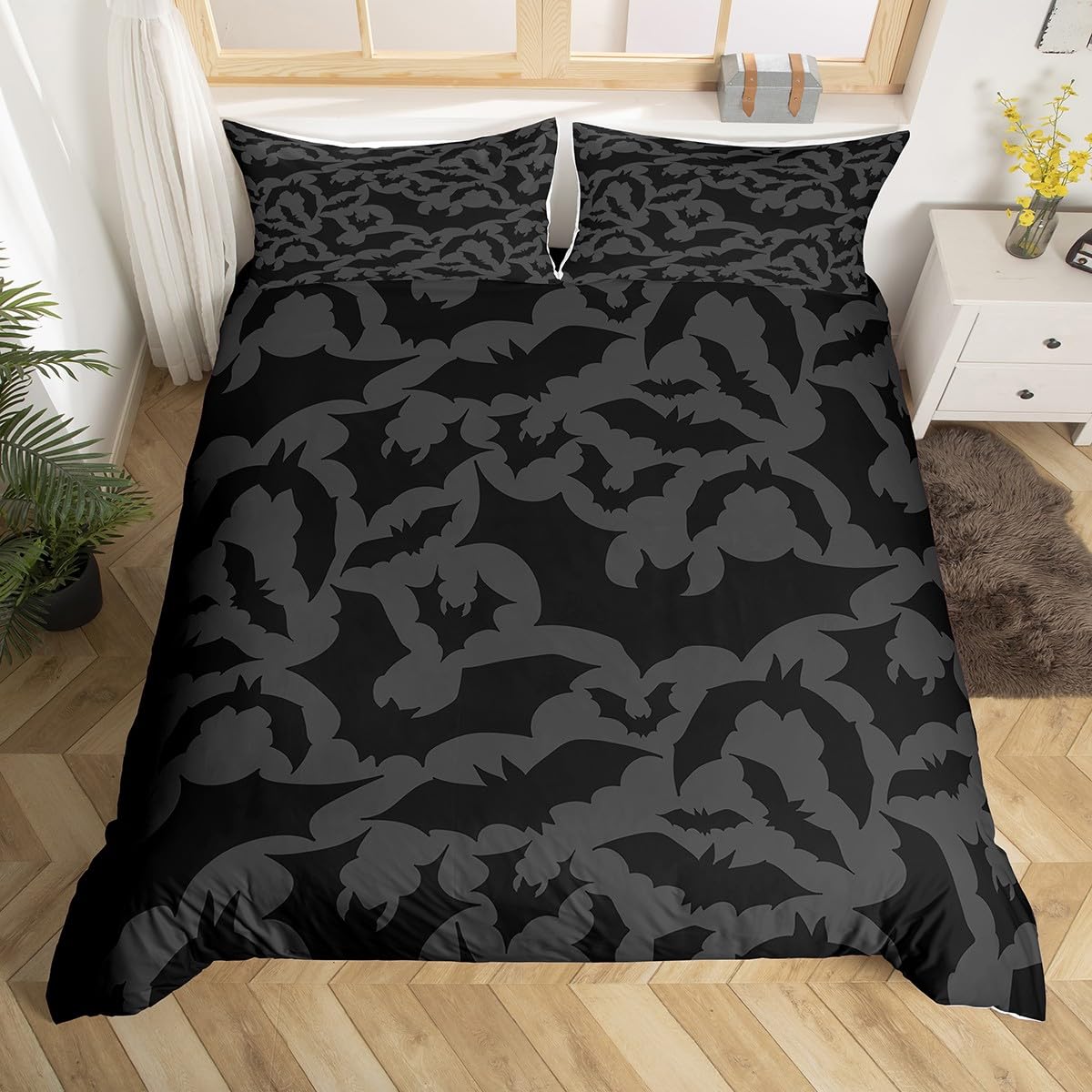 Castle Fairy Halloween Themed Duvet Cover Set Full Size,Black Bats Animal Print Comforter Cover with 2 Pillowcases,Dark Grey Color Breathable Bedspread for Boys Teens,Pillow Sham