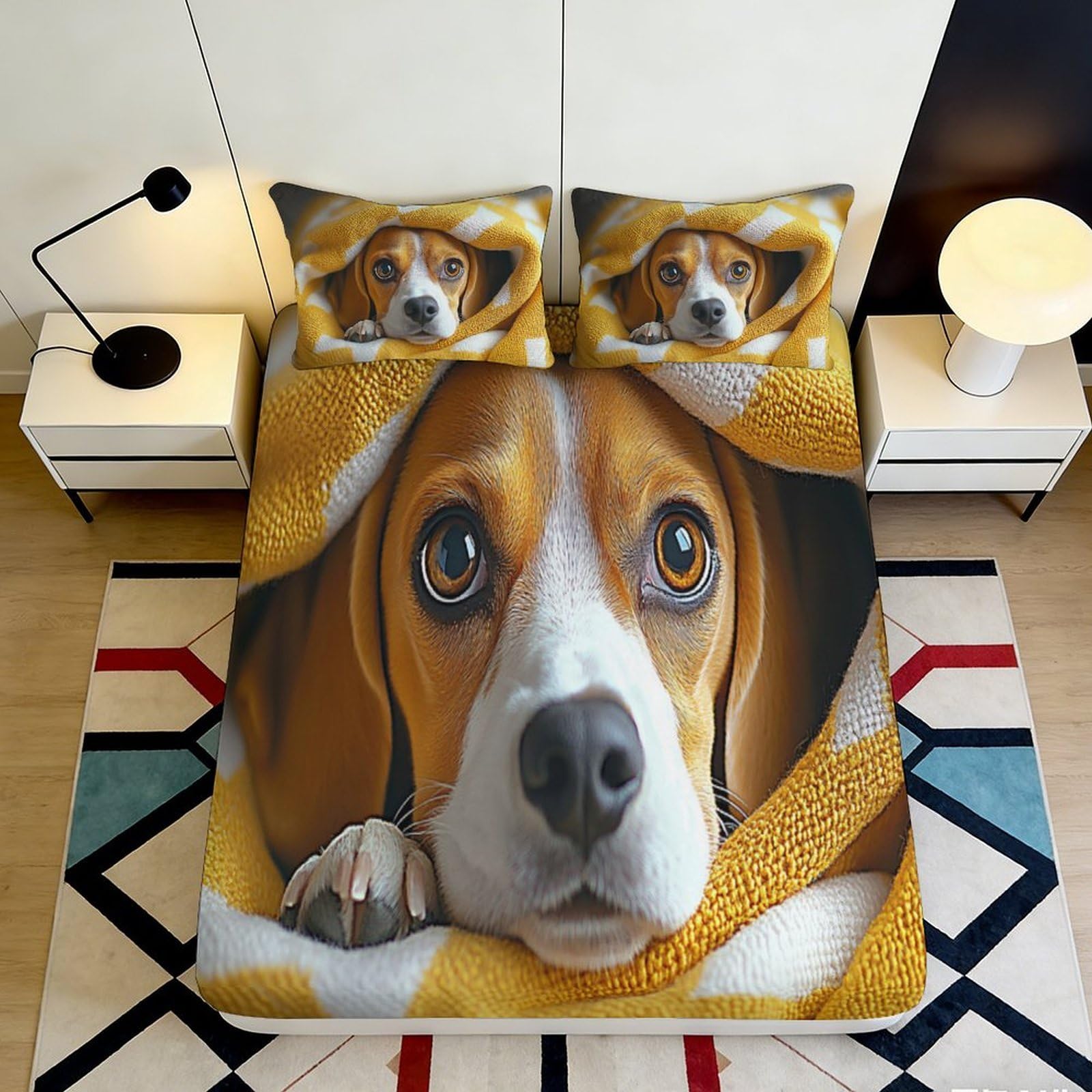 3D Printed Beagle Dog Fitted Sheet Microfiber Soft Yellow Blanket Bed Cover for Bedroom Guest Room Decor 90x200x25cm